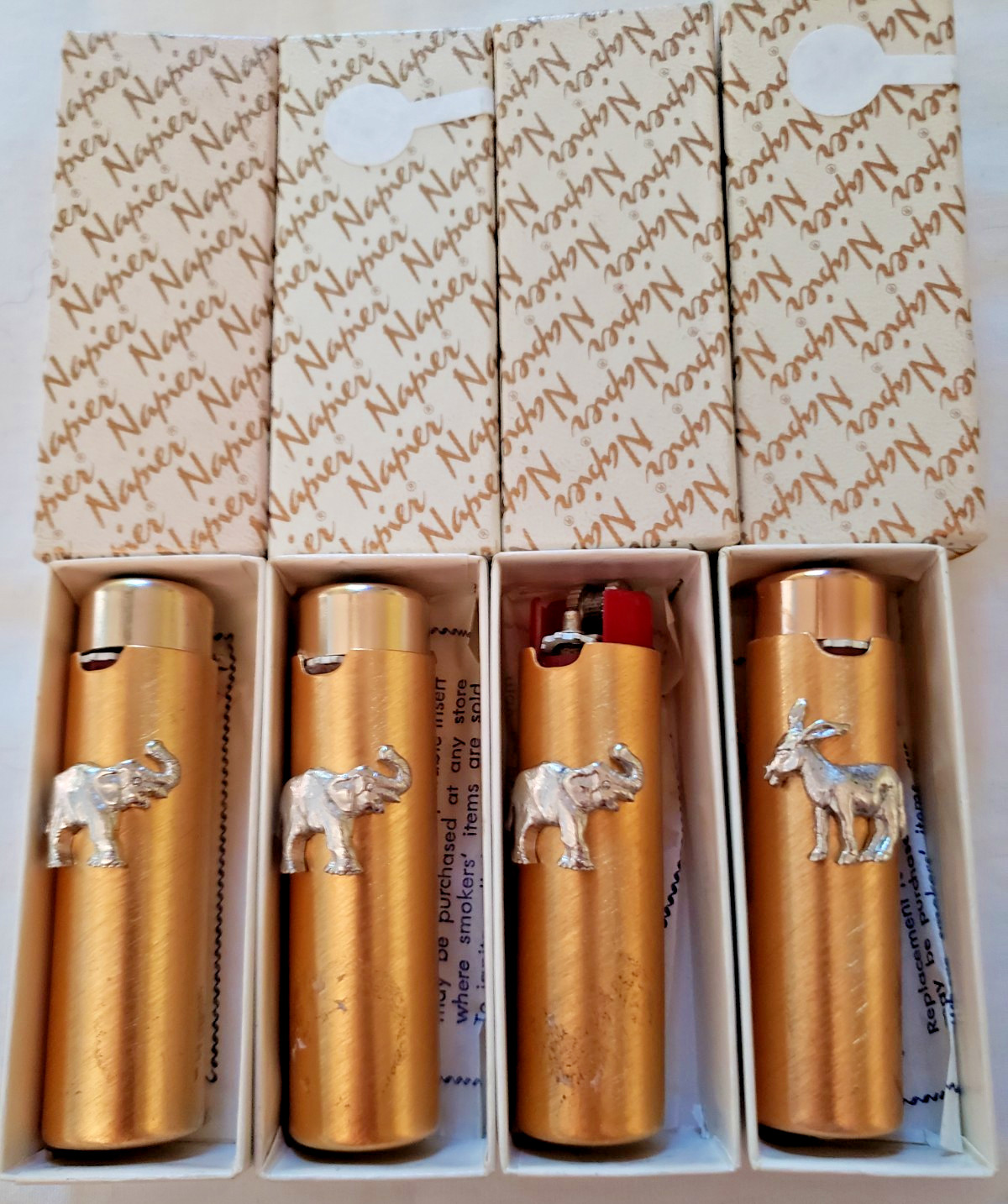 RARE VTG 4 BRASS NAPIER ELEPHANT & DONKEY LIGHTERS IN ORIGINAL BOXES 3\