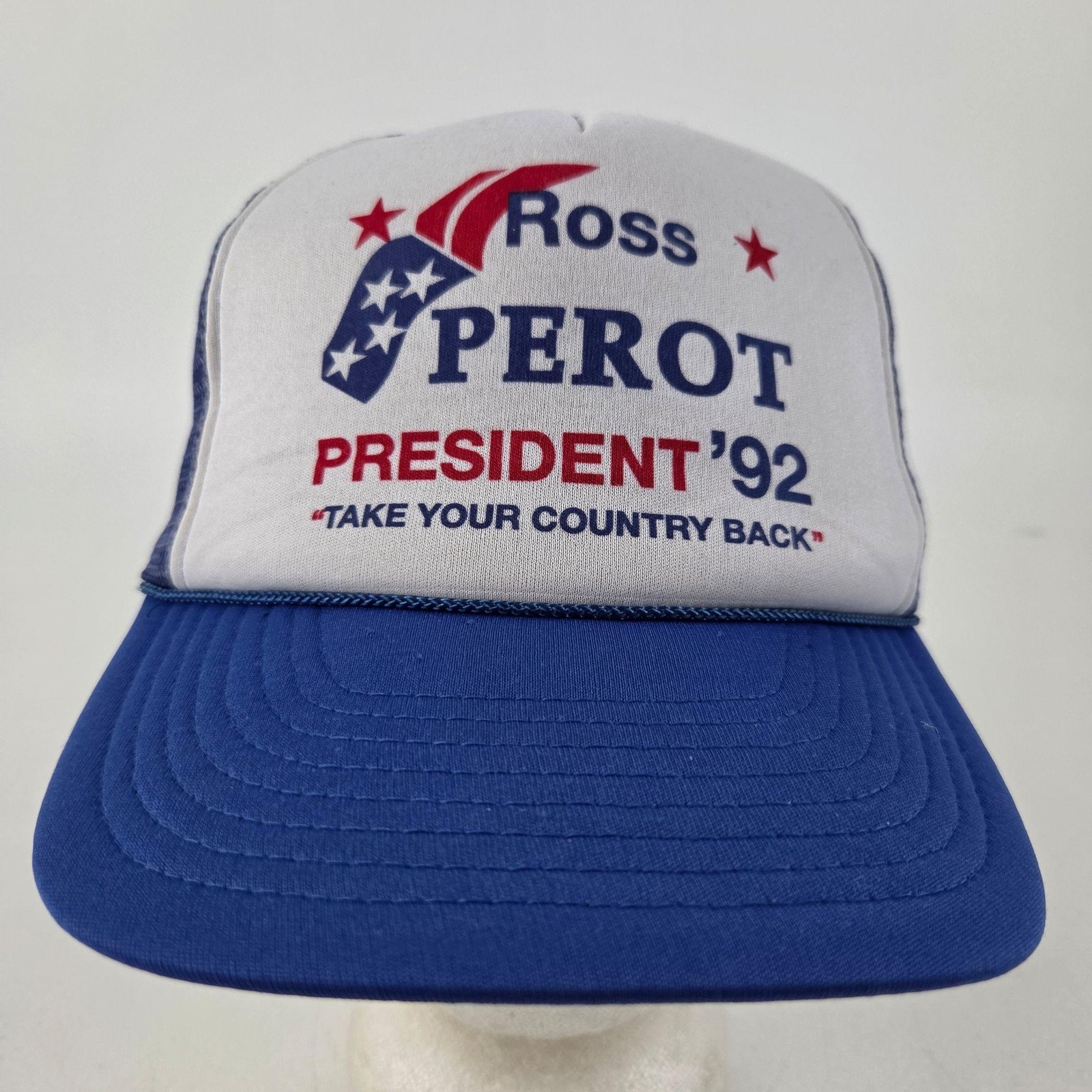 Vintage Ross Perot President '92 Trucker Hat Mesh Blue White Adjustable Snapback