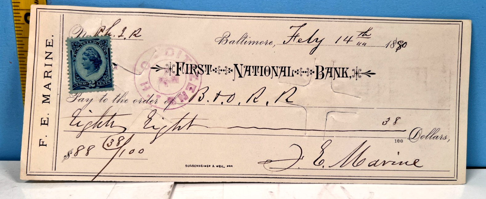 1880 First National Bank Check F.E. Marine