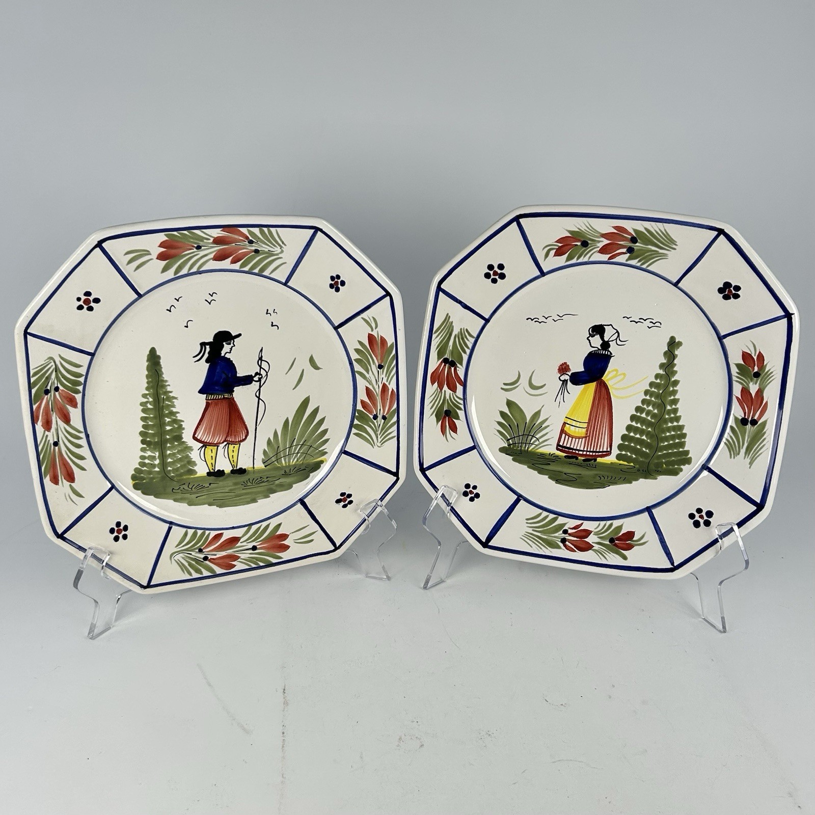 HB Quimper France Rare QUI18 Pattern, Breton Man Woman Octagonal Plates 10” Pair