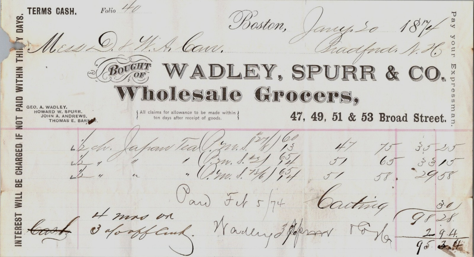 Wadley, Spurr and Co. Wholesale Grocers Boston, Mass 1874- Lot of 2