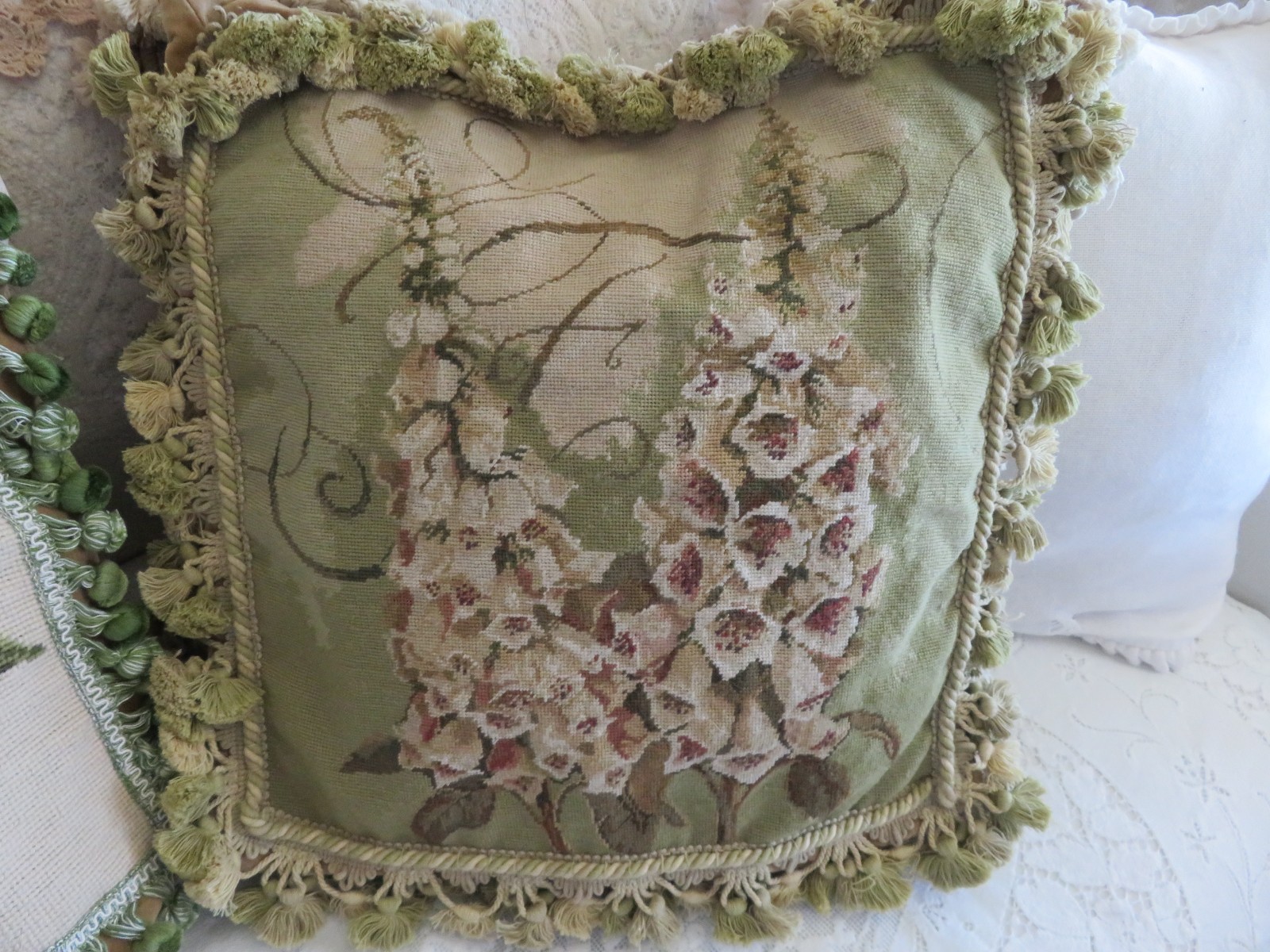 HUGE Aubusson style LARKSPURS on Sage Greens Needlepoint Pillow NWOT Handmade