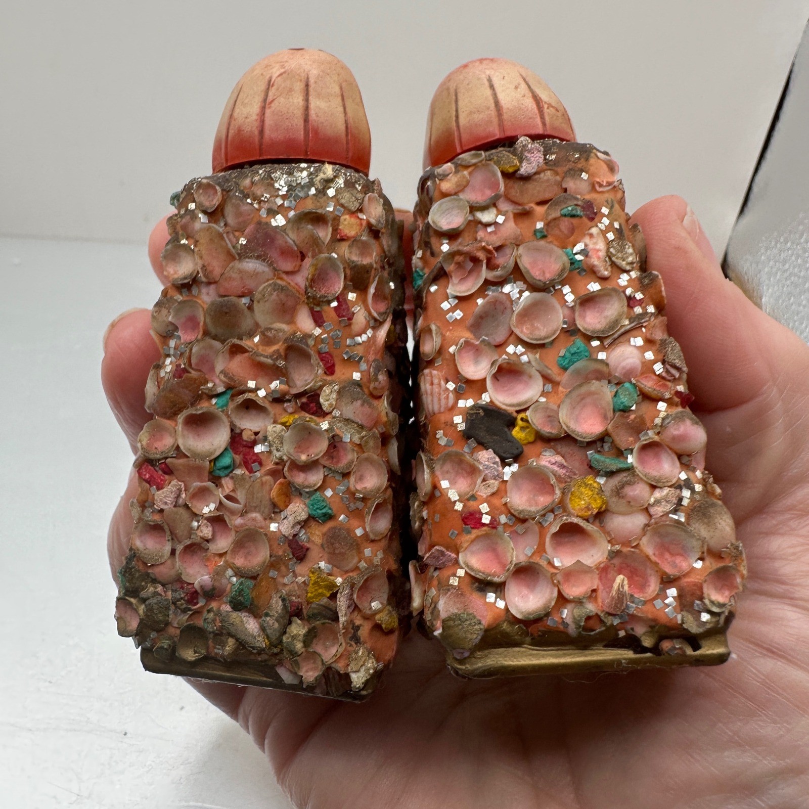 Vintage Shell Art Salt and Pepper Shakers Pink Glass Florida Souvenir Kitsch