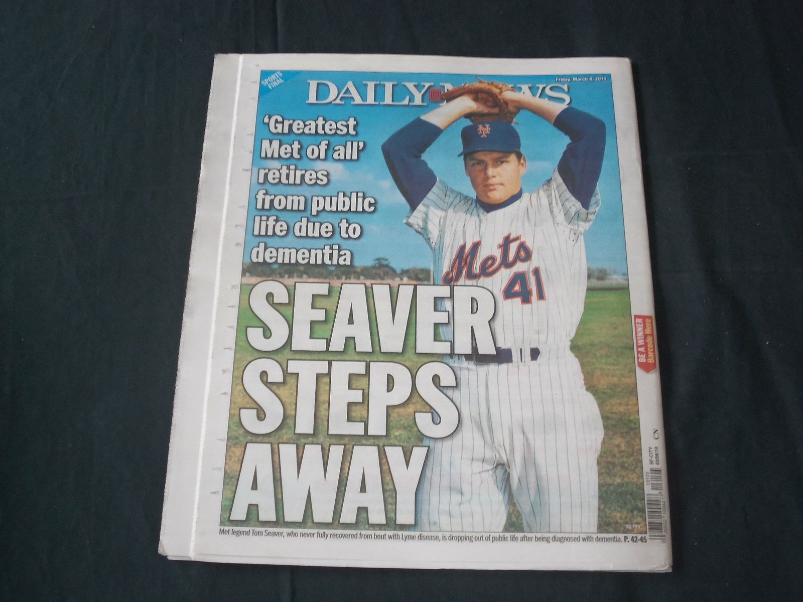 2019 MARCH 8 NEW YORK DAILY NEWS - TOM SEAVER - DEMENTIA - SEAVER STEPS AWAY 2019 MARCH 8 NEW YORK DAILY NEWS - TOM SEAVER - DEMENTIA - SEAVER STEPS AWAY