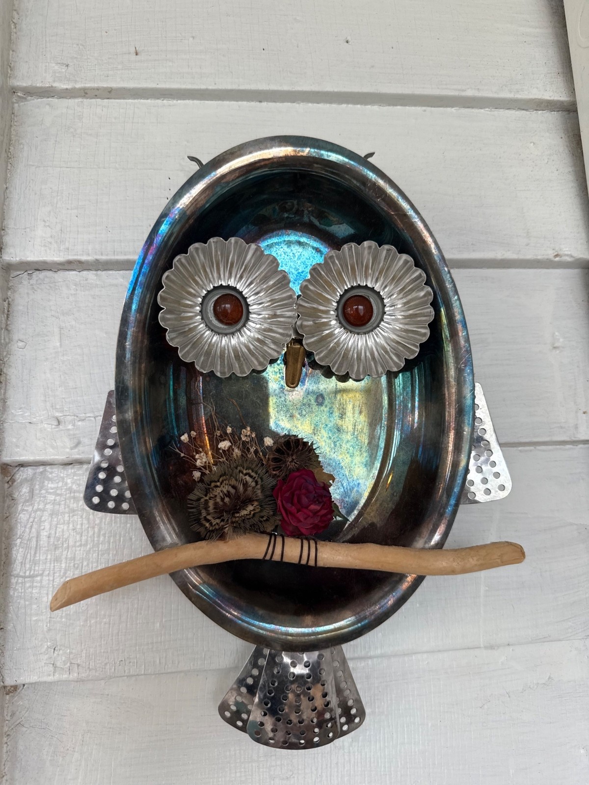 Vintage 70\'s Metal Recycled Owl Wall Art From Kitchen Parts Glass Eyes  