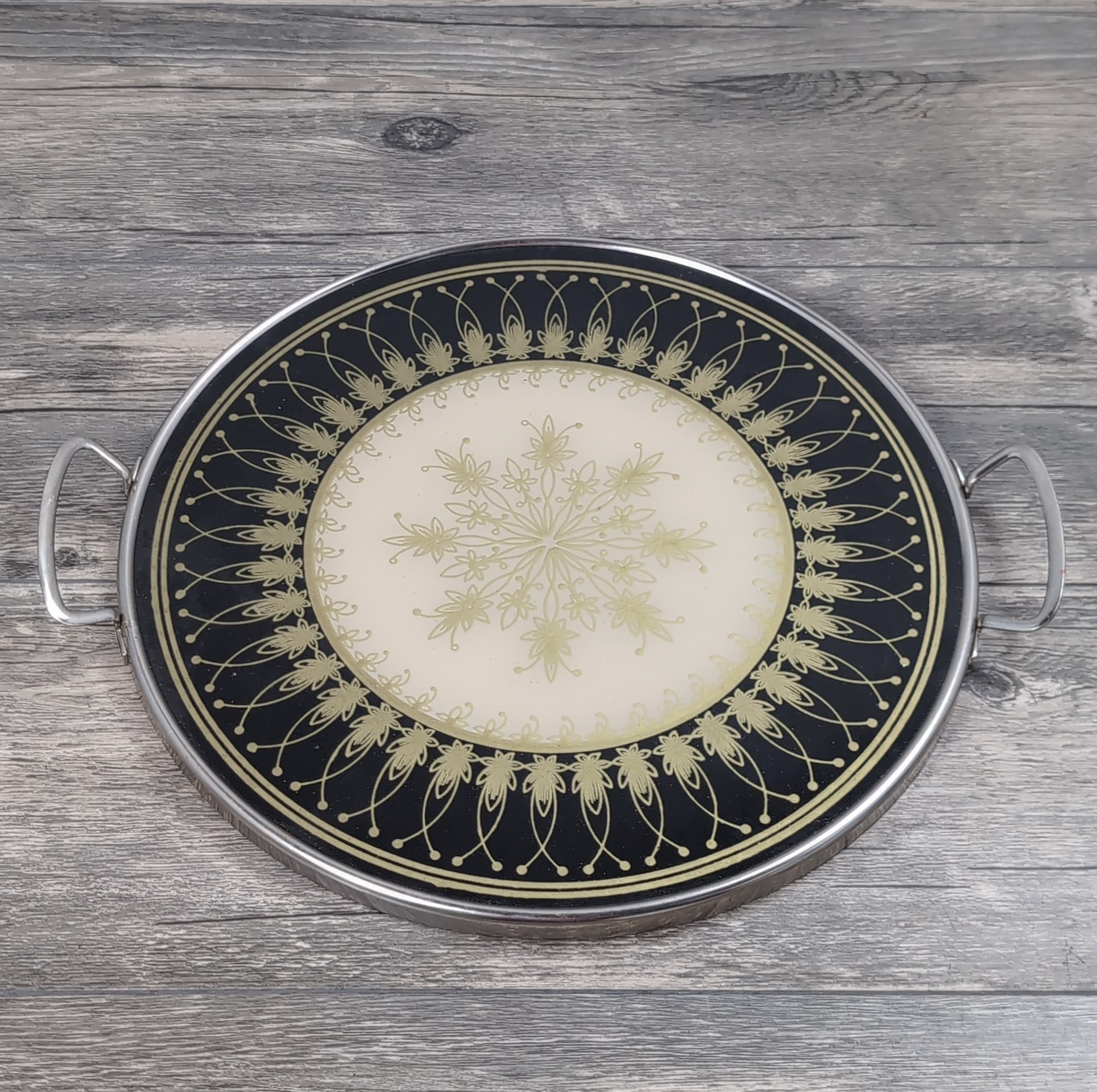 VTG West German Glass Serving Tray Metal Handles Hand Painted 11\