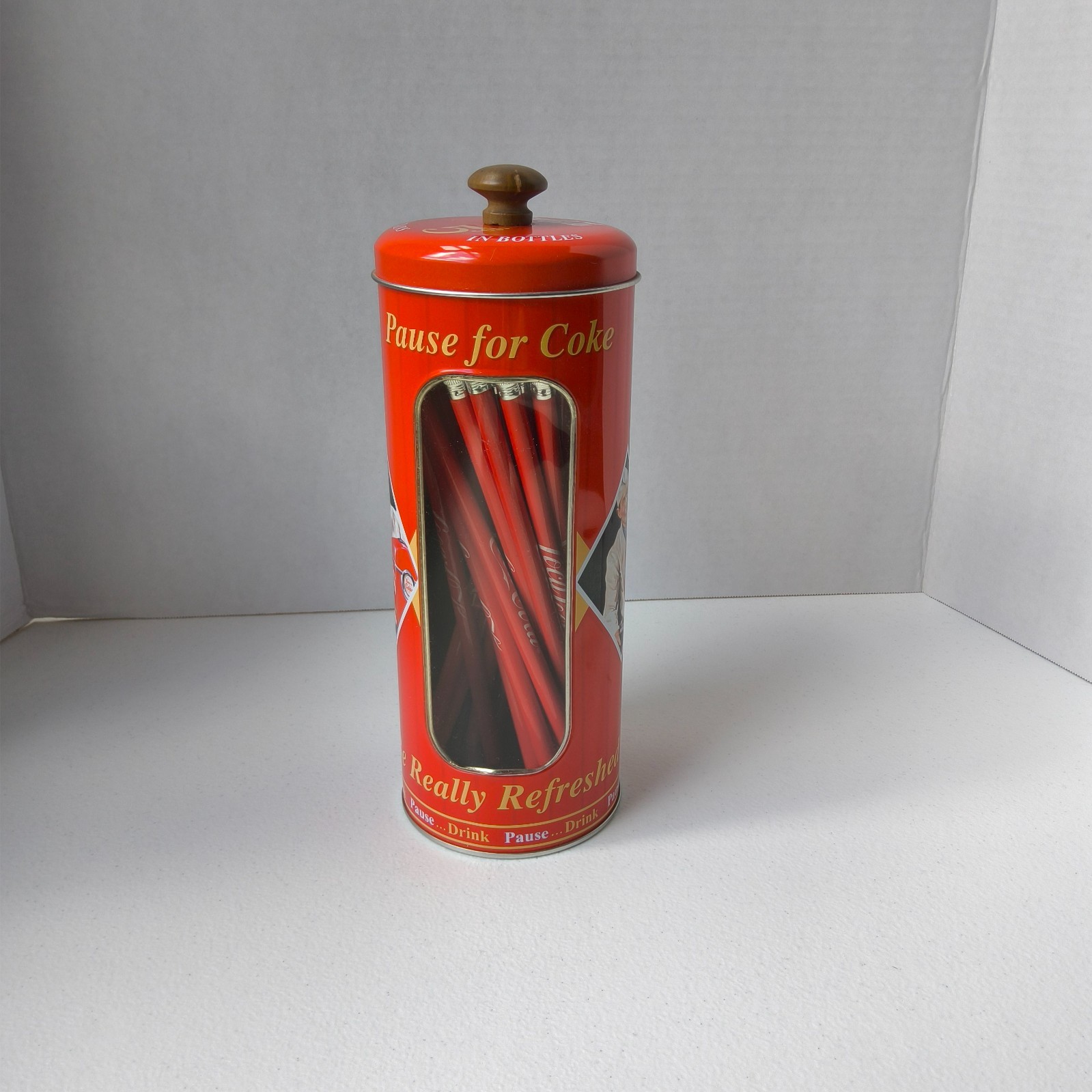 Vintage Coca-Cola Straw Dispenser Style Pencil Tin with 24 Coca-Cola Pencils Vintage Coca-Cola Straw Dispenser Style Pencil Tin with 24 Coca-Cola Pencils