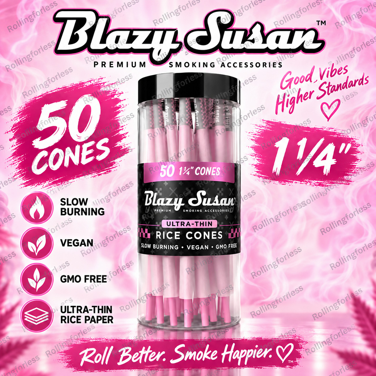 Blazy Susan Pink 1 1/4 Ultra Thin Rice Pre Rolled Cones 50 Count Jar 84mm Vegan
