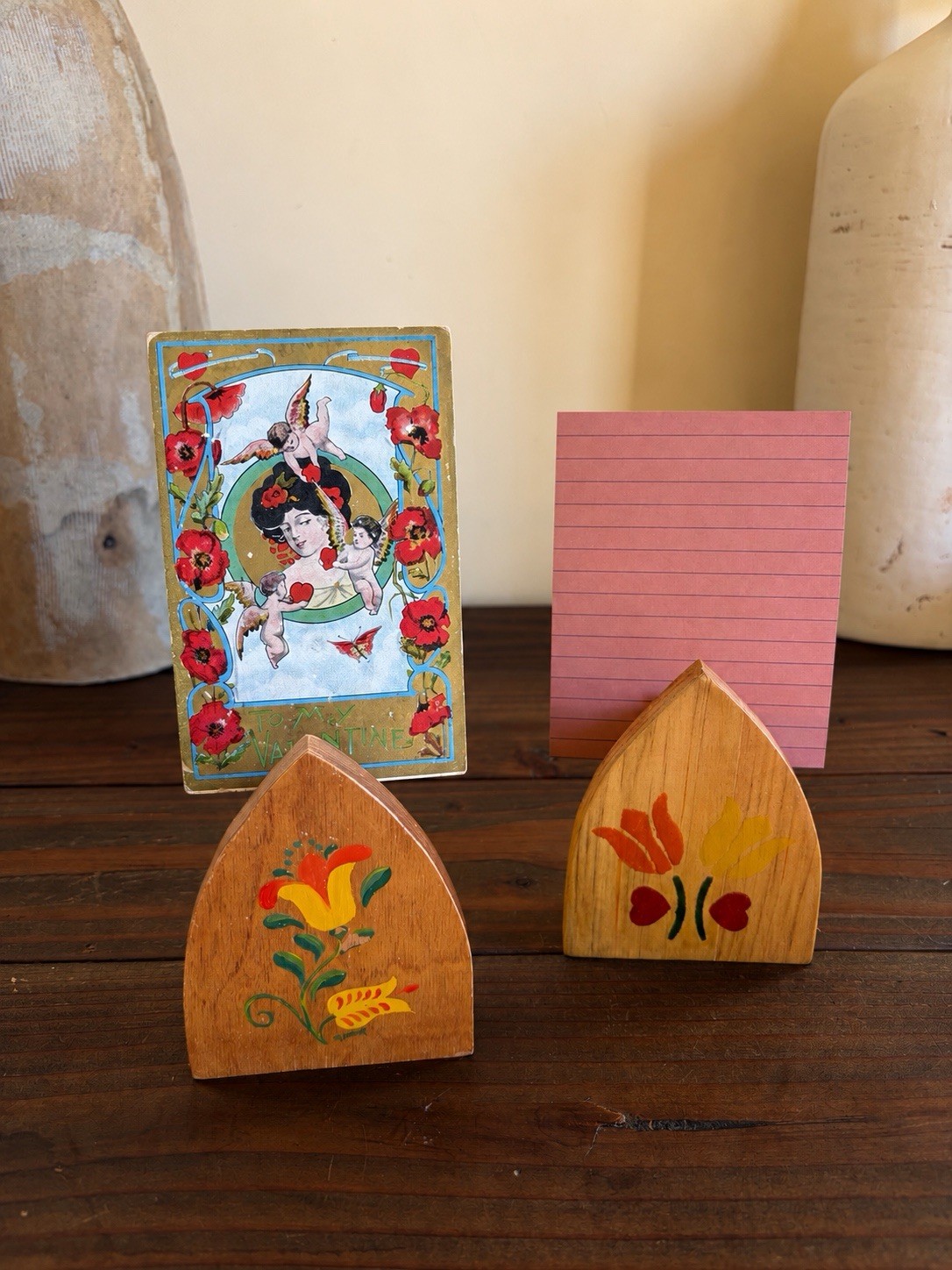 70’s Vtg Hand-Painted Folk Art Wood Recipe, Note or Photo Holders Pair