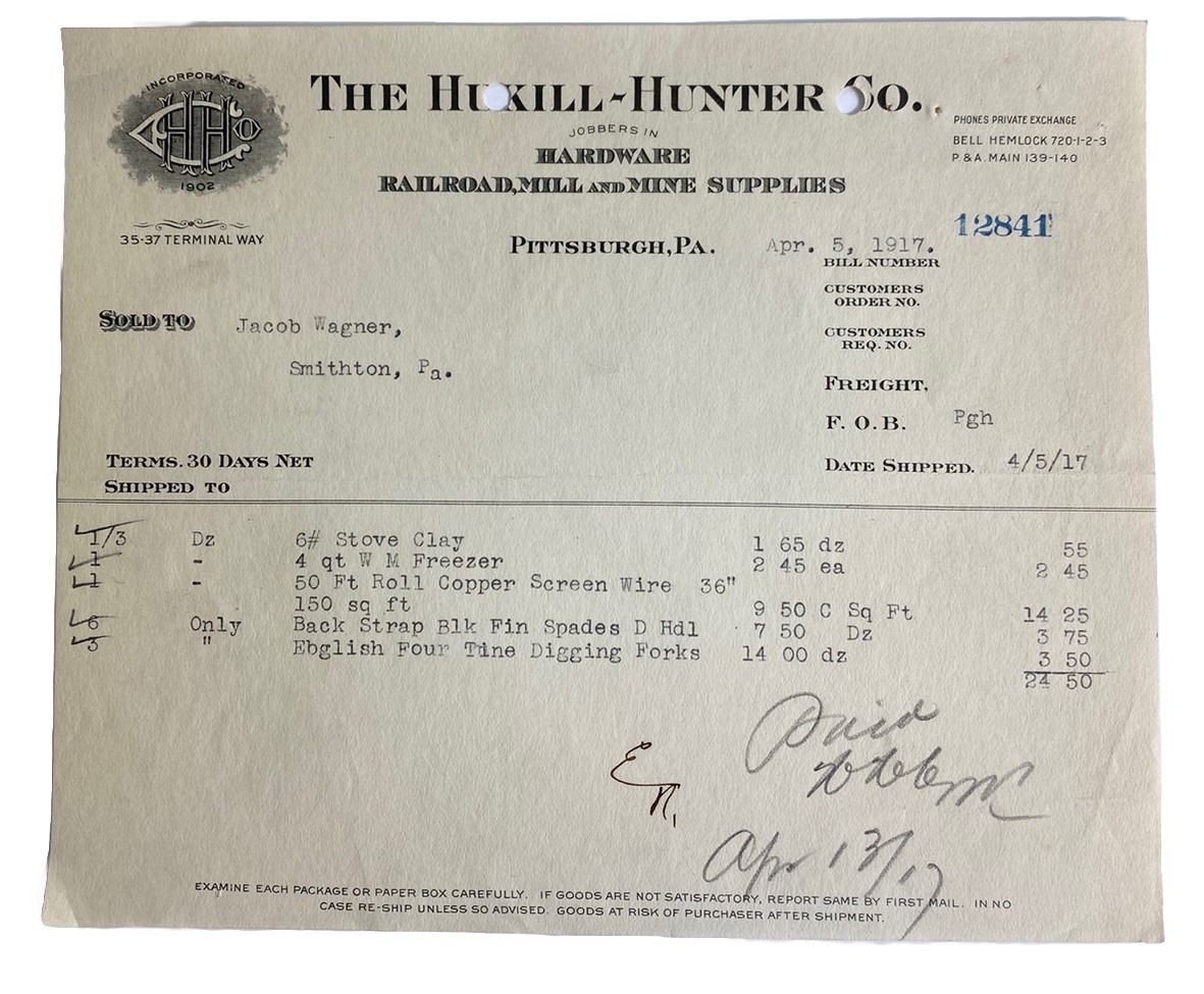 Hukill-Hunter Co Hardware Railroad Mill & Mine Pittsburgh Antique 1910s Invoice