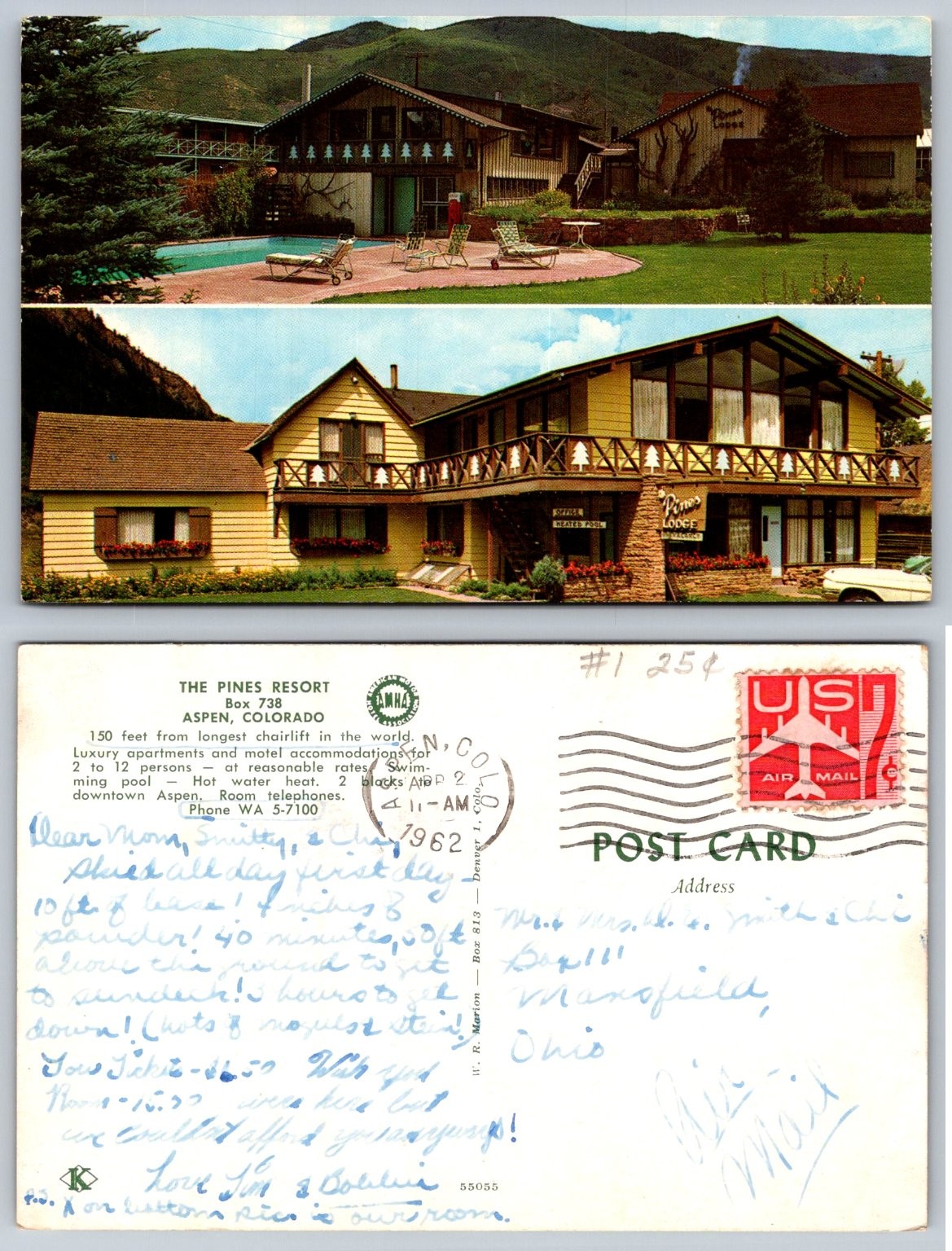 Vtg 1962 ASPEN CO The Pines Resort Postcard Skiing in July Air Mail Postmark Vtg 1962 ASPEN CO The Pines Resort Postcard Skiing in July Air Mail Postmark