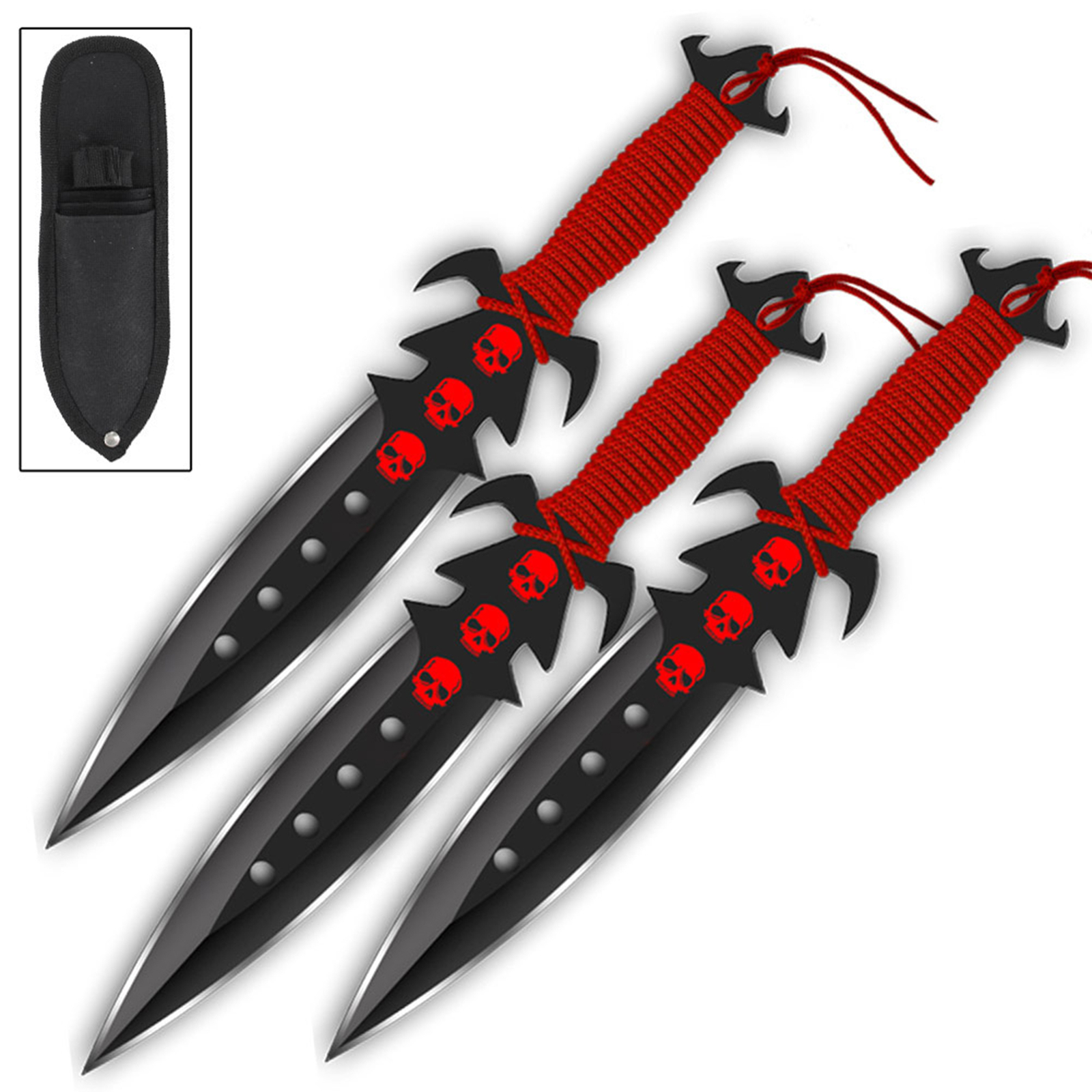 Ancestral Deadly Triad Throwing Knife Set - 3pc Red Skull Daggers w/ Sheath