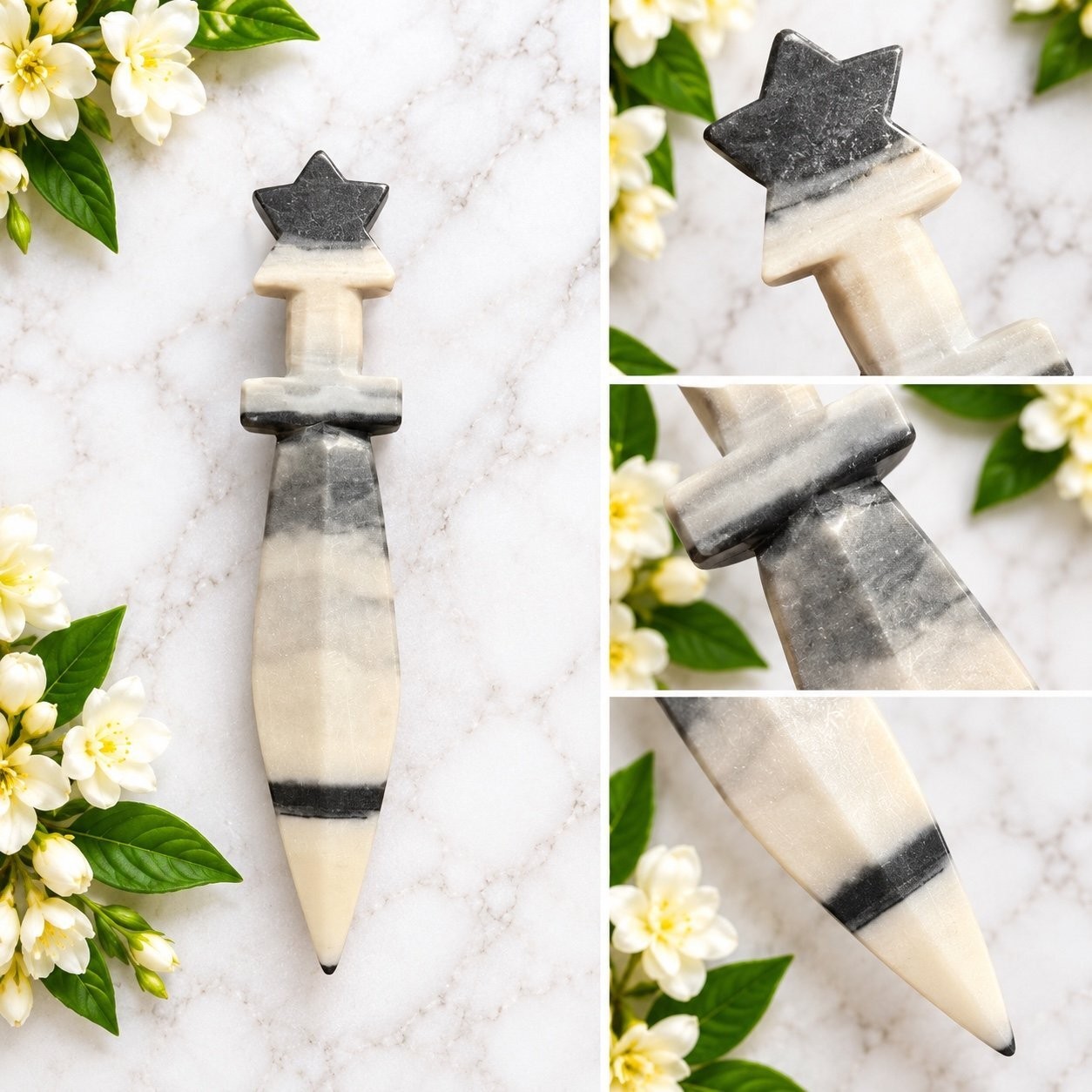 Black and White Banded Crystal Dagger 5 Inches | Carved Stone Knife #6 Black and White Banded Crystal Dagger 5 Inches | Carved Stone Knife #6