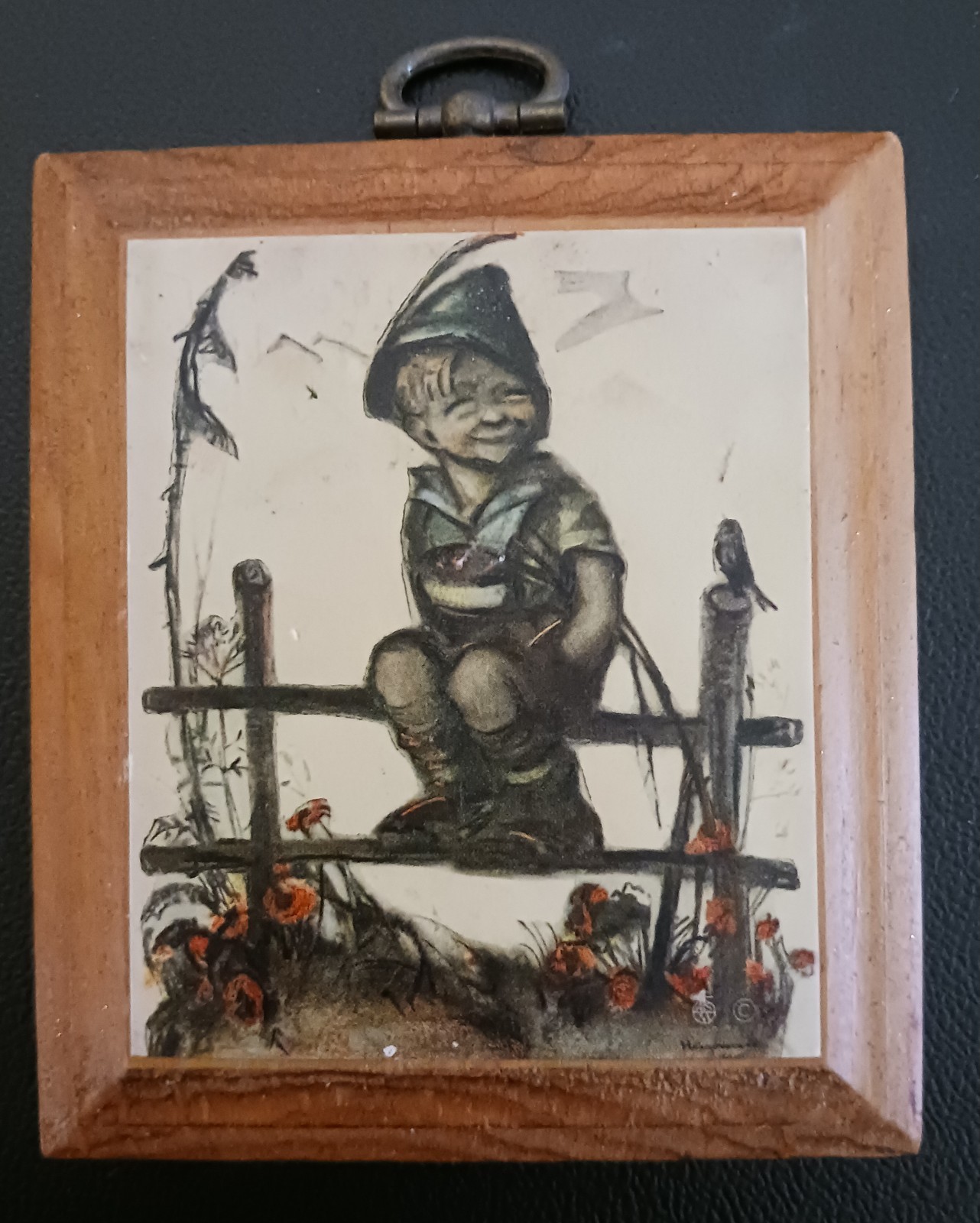 Vintage MI Hummel Art Wood Plaque Classic Boy Outdoors Iconic 20th Century 