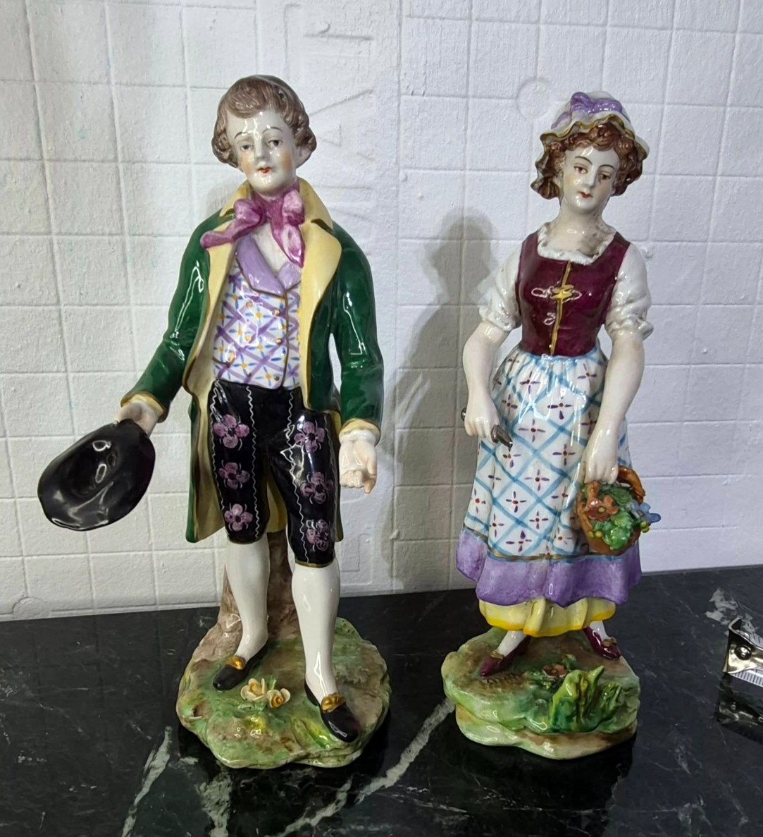 Antique Capodimonte Porcelain Figurine couple, 7.5' High.