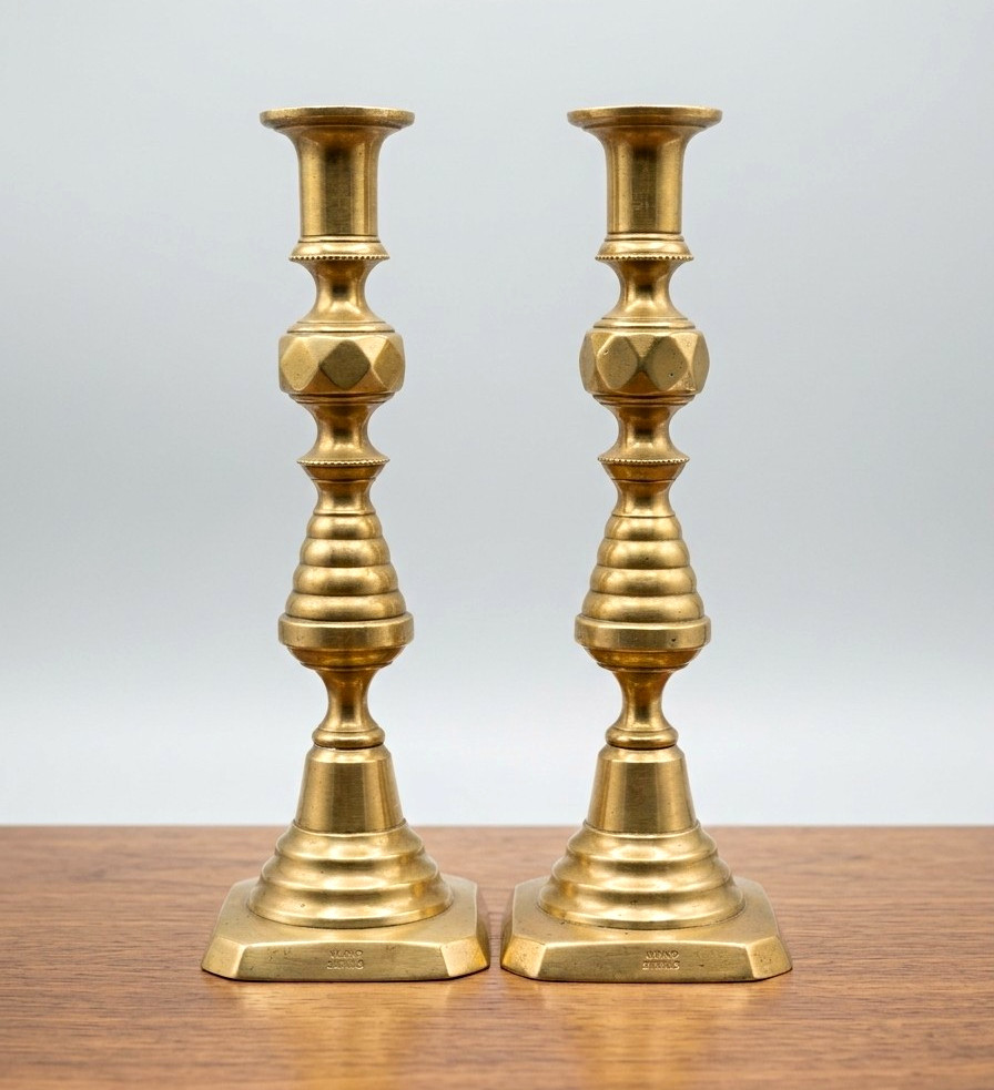 Antique Victorian Brass Candlesticks Pair Beehive Diamond Pattern Push-Up 1893 