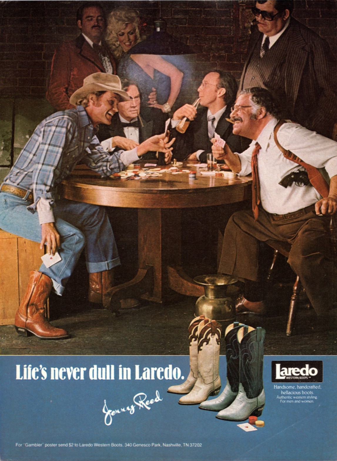 1977 Laredo Boots Jerry Reed Playing Cards Gambler Print Ad