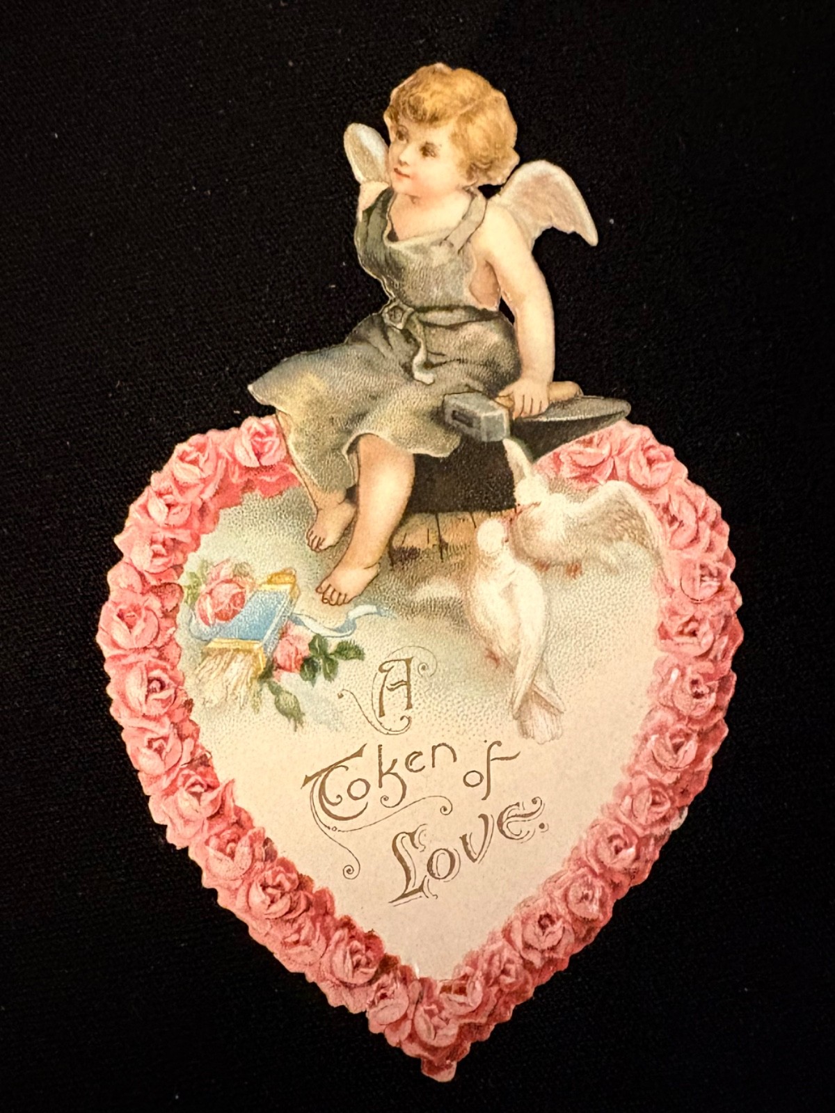 Vintage Valentine “A Token of Love” Scalloped Heart Shaped Cupid Wings Damage