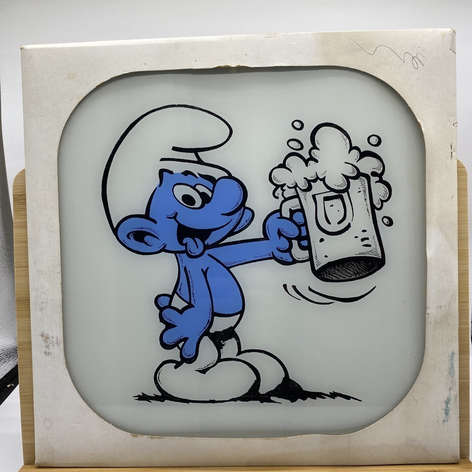 RARE Vintage 1980’s Carnival Fair Glass Mirror Prize 12”X 12” the SMURF w BEER 