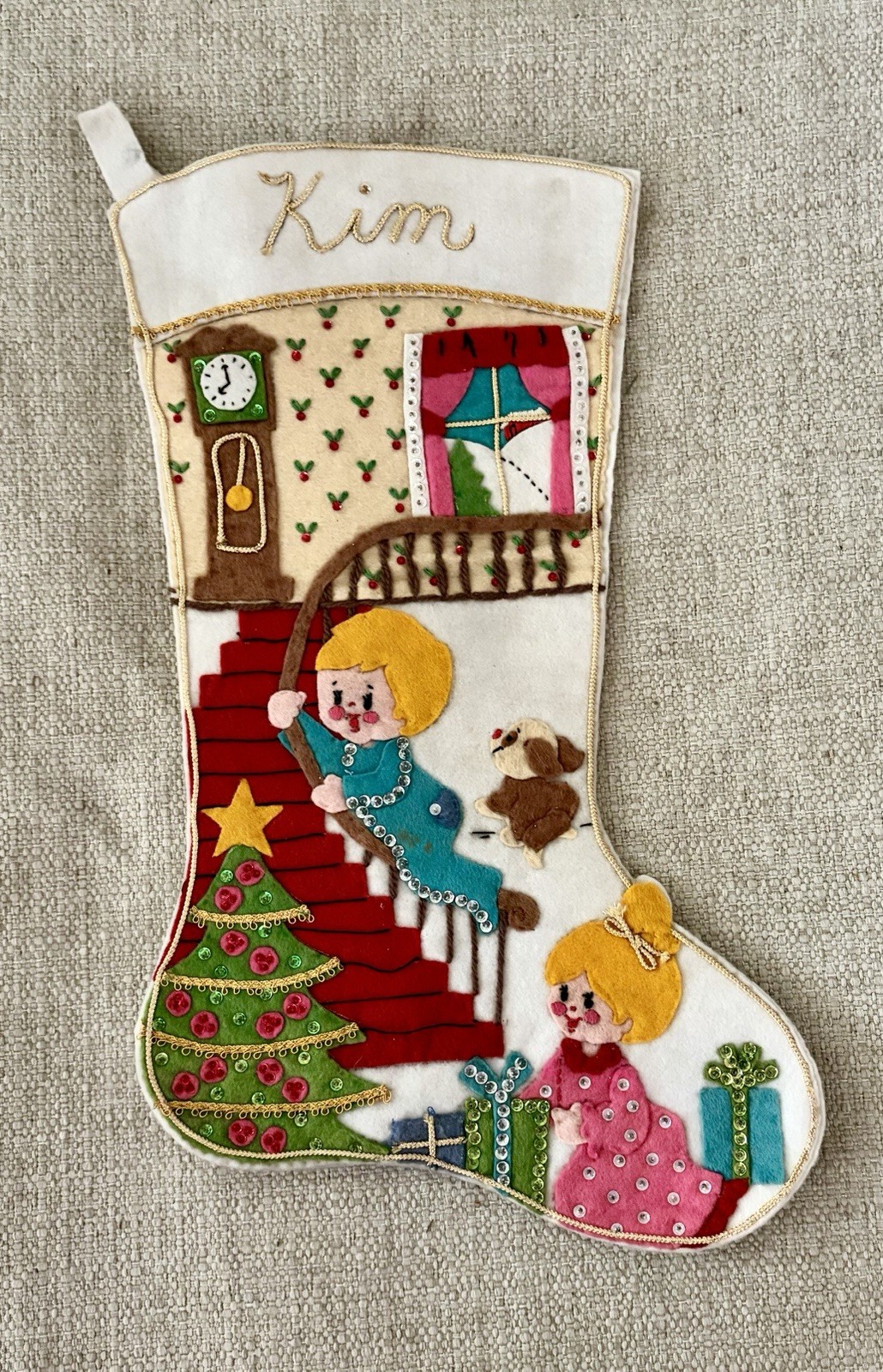 VTG Beaded Sequined Felt Christmas Stocking Children On Staircase Handmade