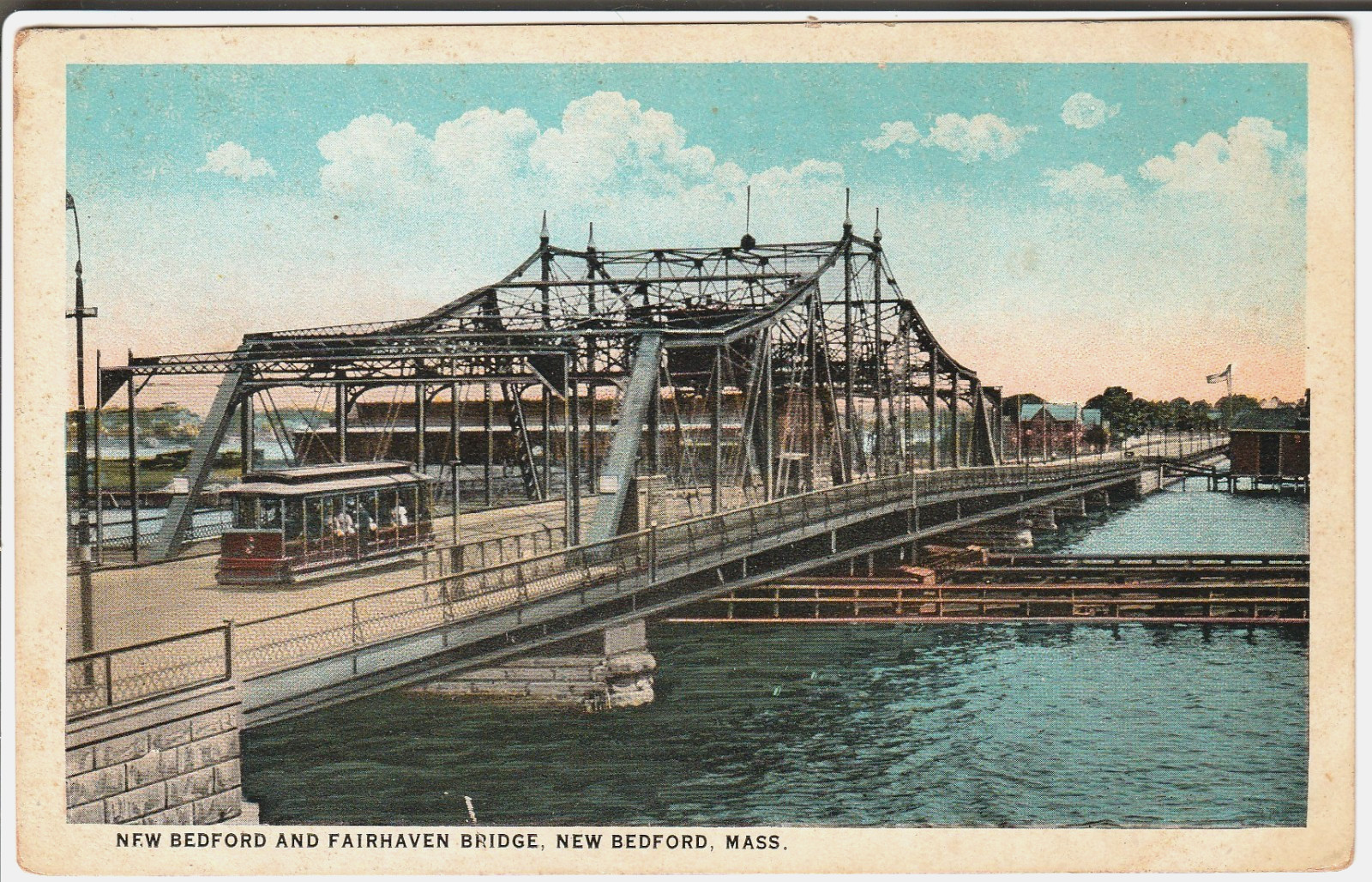 New Bedford MA postcard - New Bedford and Fairhaven Bridge - Trolley 1910s
