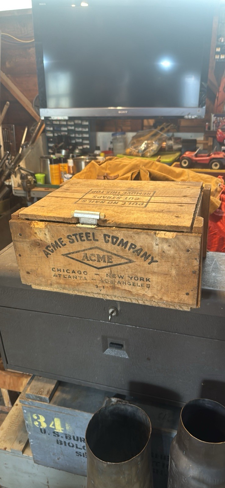 Vintage Acme Steel company wood crate w/lid advertising USA