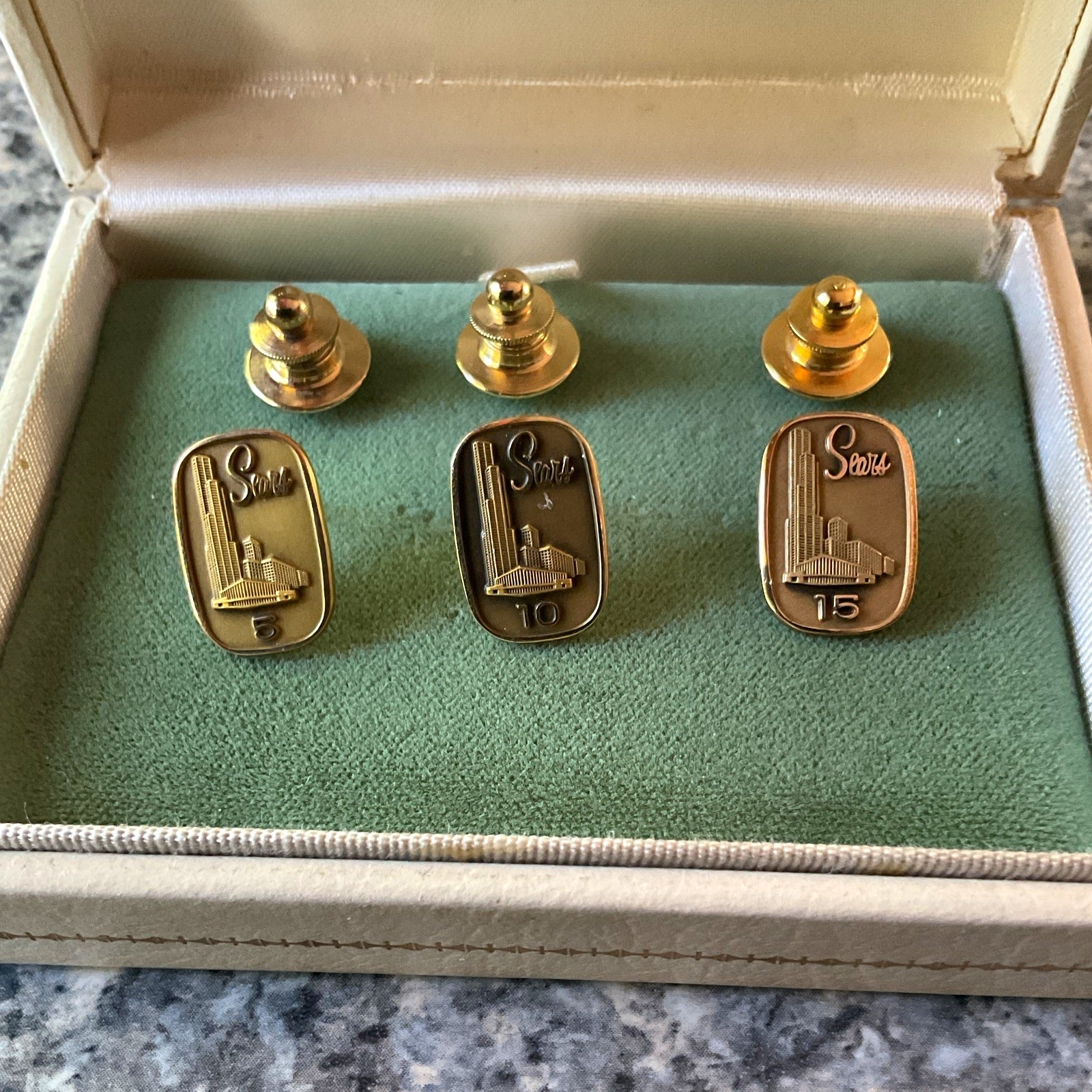 Vtg 10k GF Sears Service Award Lapel Pins Lot 3 10 15 20 Year in Display Case