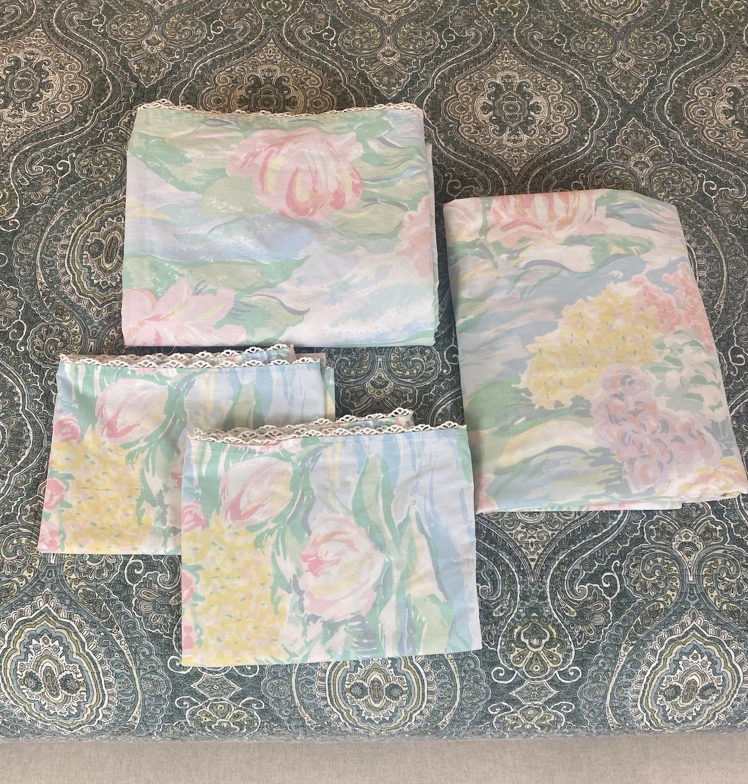Vintage Atelier Martex Claude Monet Water Lilies Queen Sheet 4pc Set 80s Vintage Atelier Martex Claude Monet Water Lilies Queen Sheet 4pc Set 80s