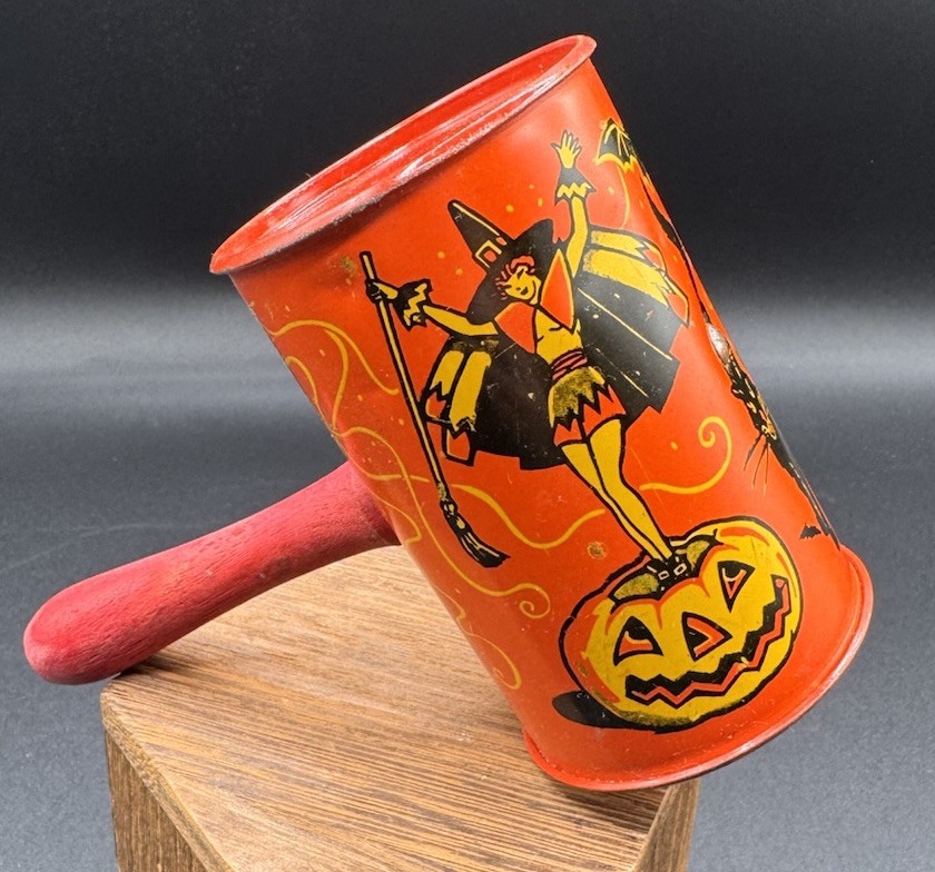 Vintage Kirchhof Tin Litho Pin Up Witch Black Cat Halloween Noisemaker Rattle