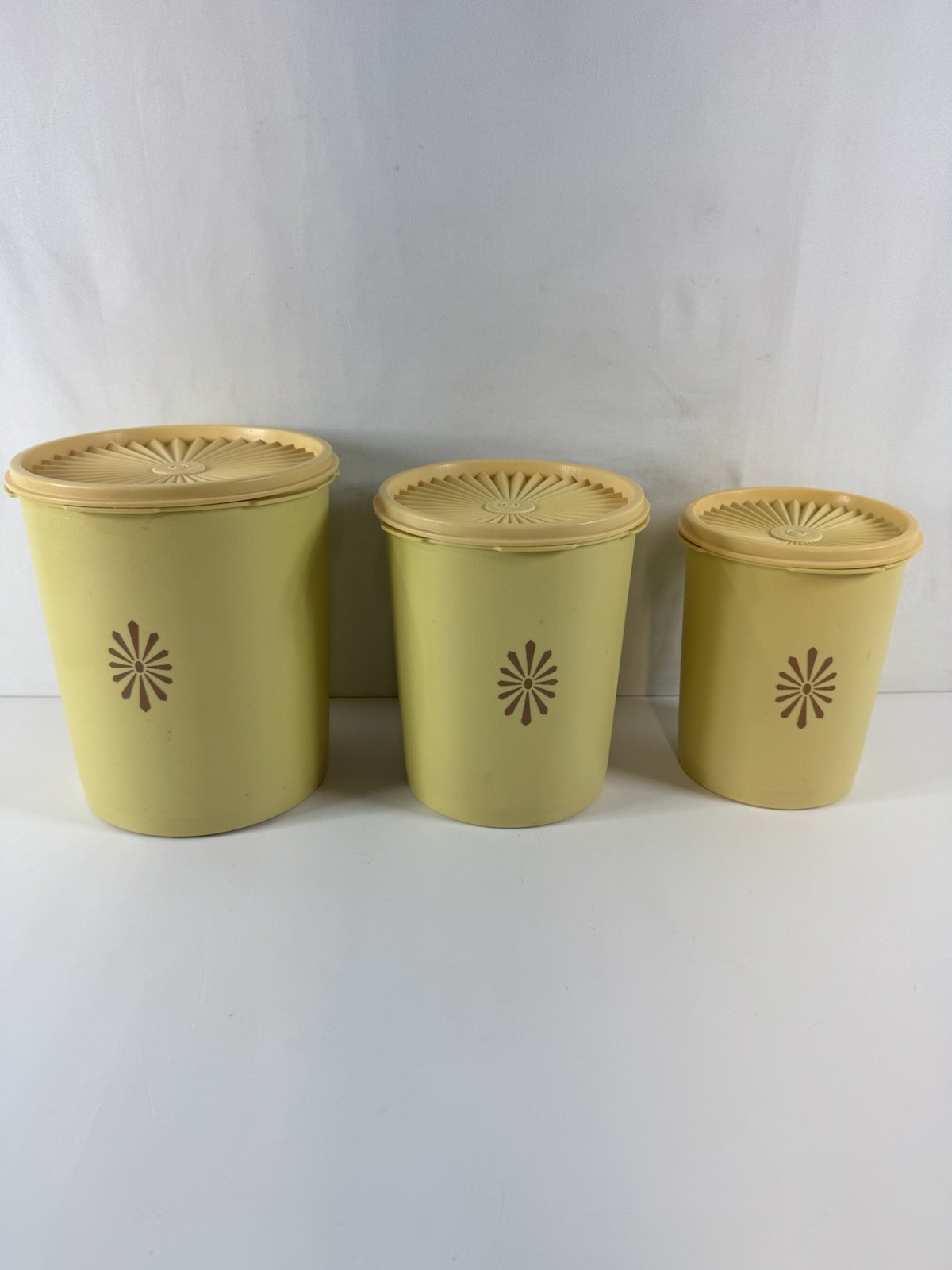 Vintage 1970s Tupperware Servalier Canister Set 3 Harvest Gold Sunburst Lids
