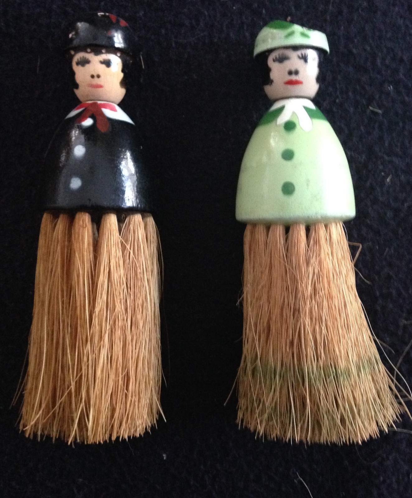 2 Vtg 1930's Clothes Crumbs Shaving Whisk Wooden Figural Lady Brooms Brushes