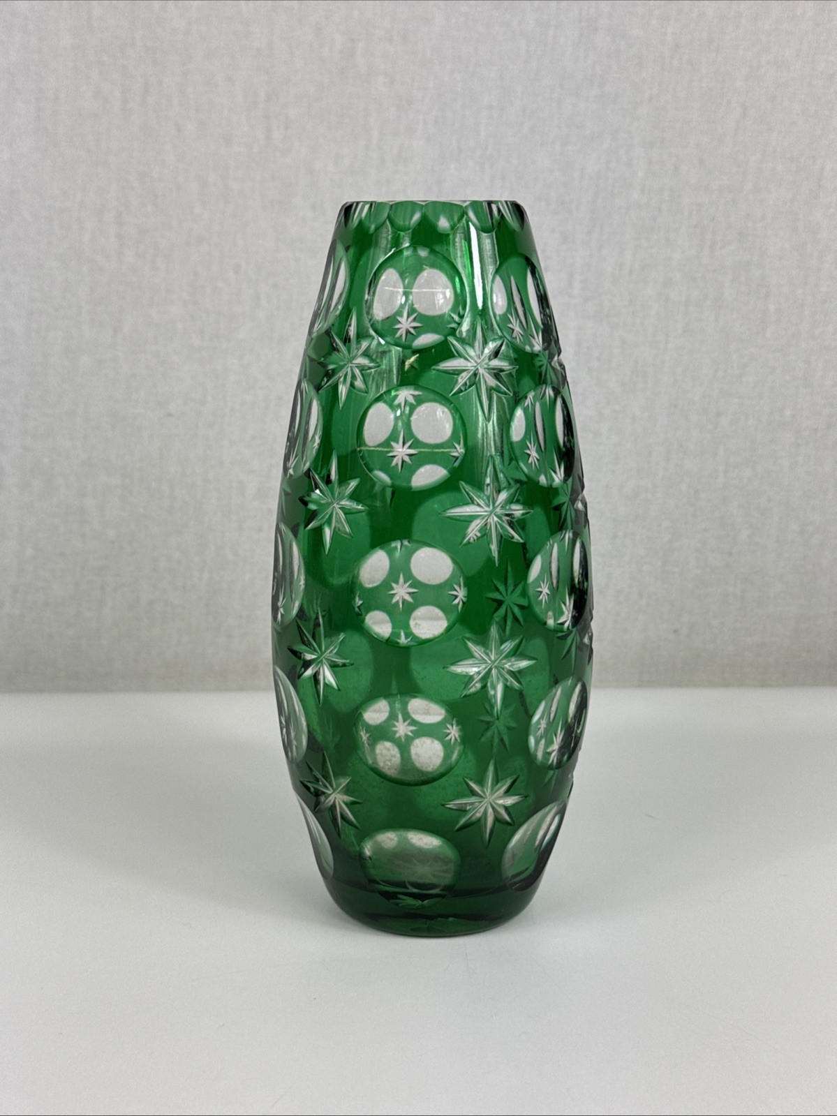Czech Lead Crystal Vase Emerald Green Cut to Clear 7.5