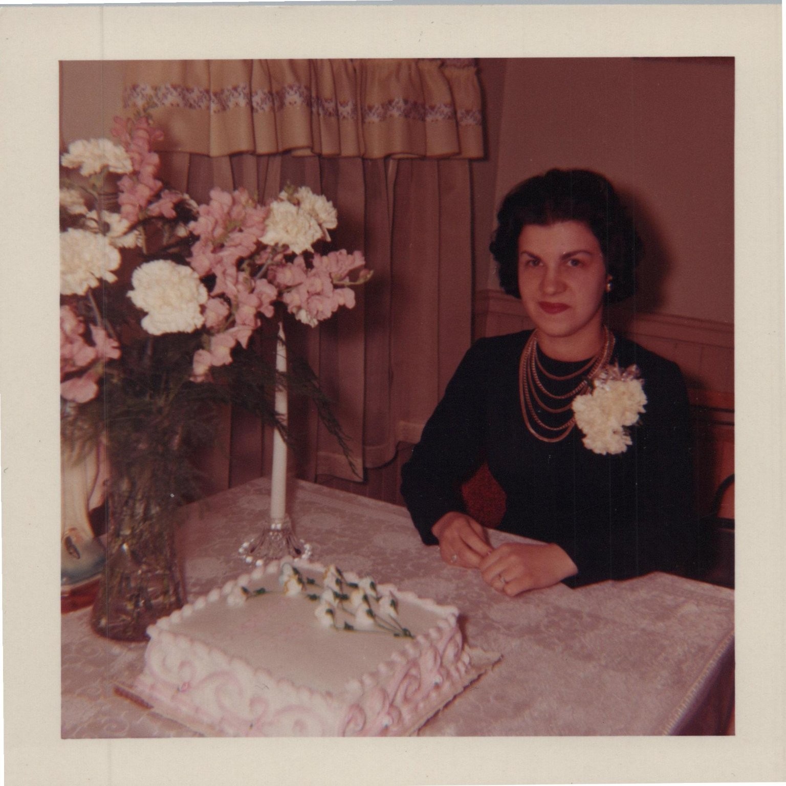 Woman Portrait 1950s Snapshot Photograph Birthday Party Cake Flowers