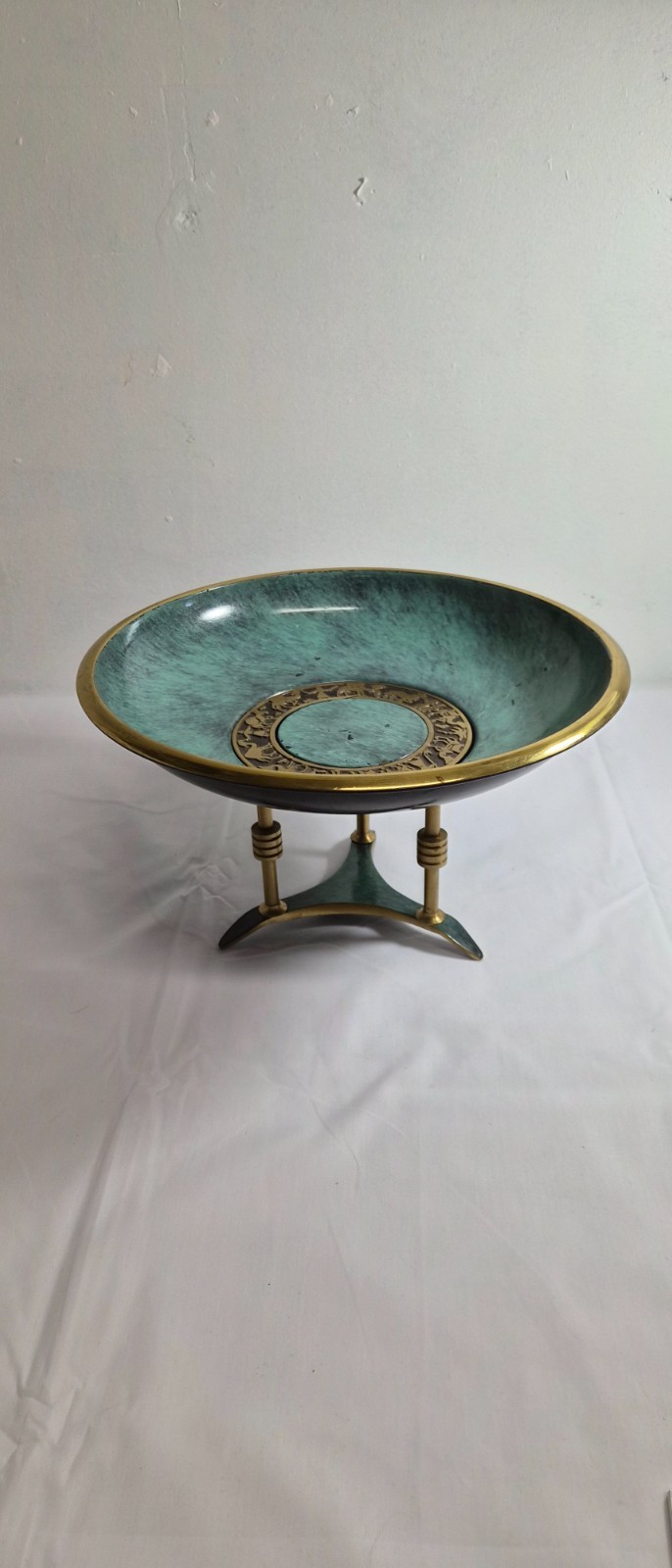 Vintage 1950's Oppenheim enameled brass 12 in pedestal bowl
