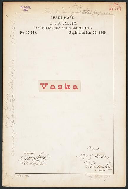 Photo:Newburg NY 1888 Vaska Soap Trademark L. & J. Oakley Laundry Toilet
