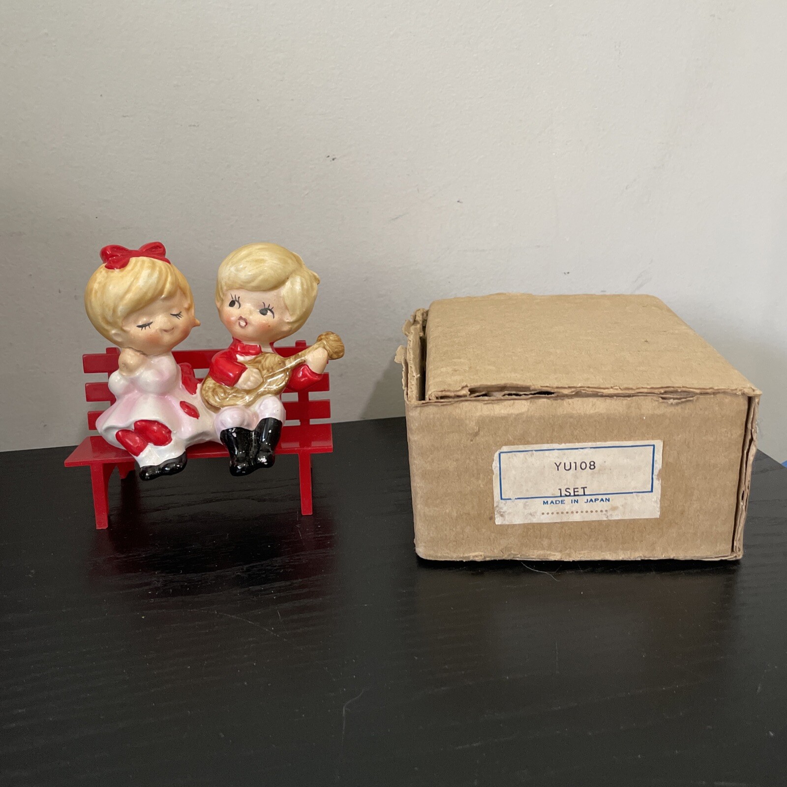 Valentine Girl In Pink Dress / Boy with Guitar on Red Bench Figurine w/ Orig Box