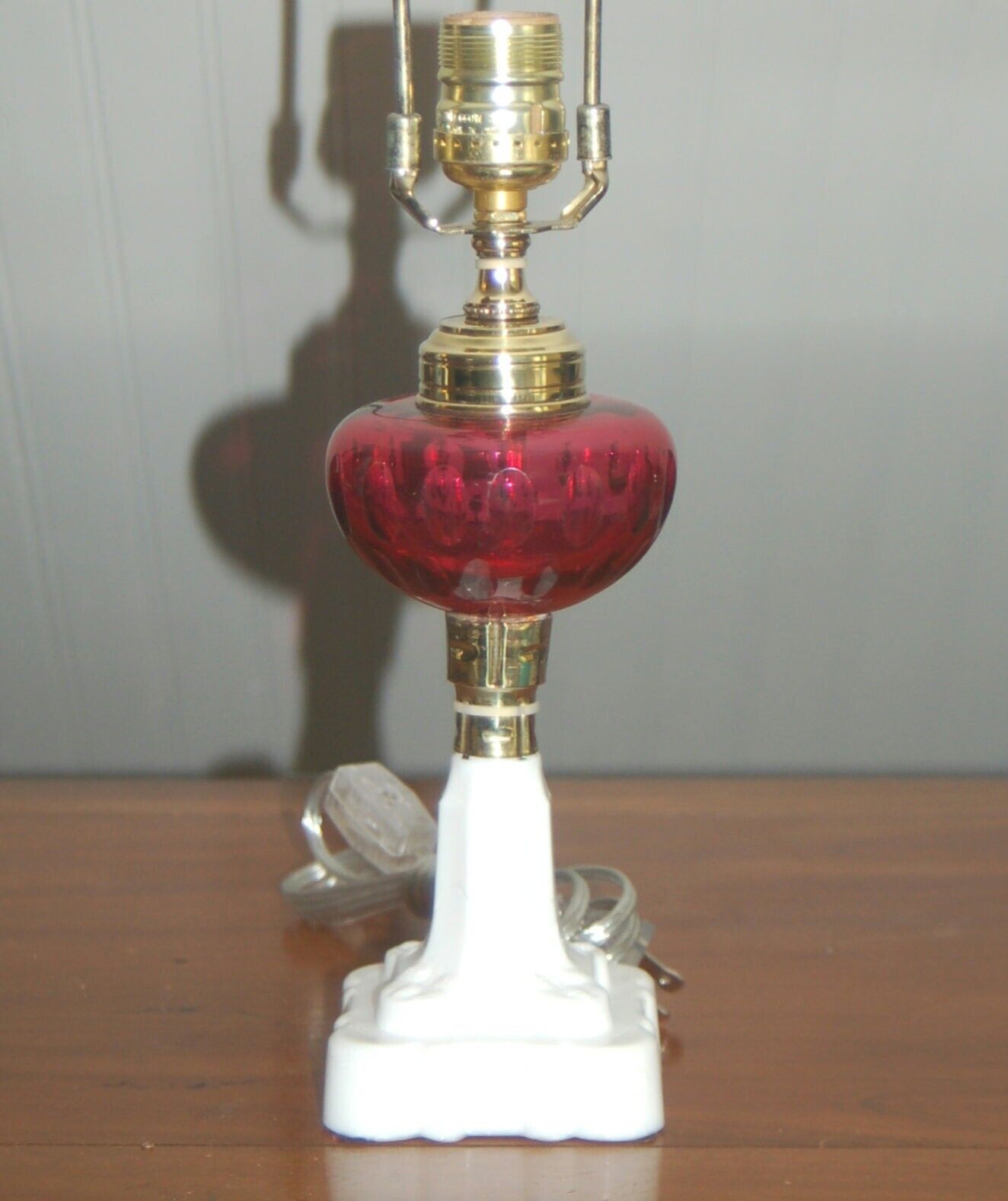 Red CRANBERRY MILK Glass HURRICANE Lamp Brass White Oil Conversion Fenton Sm