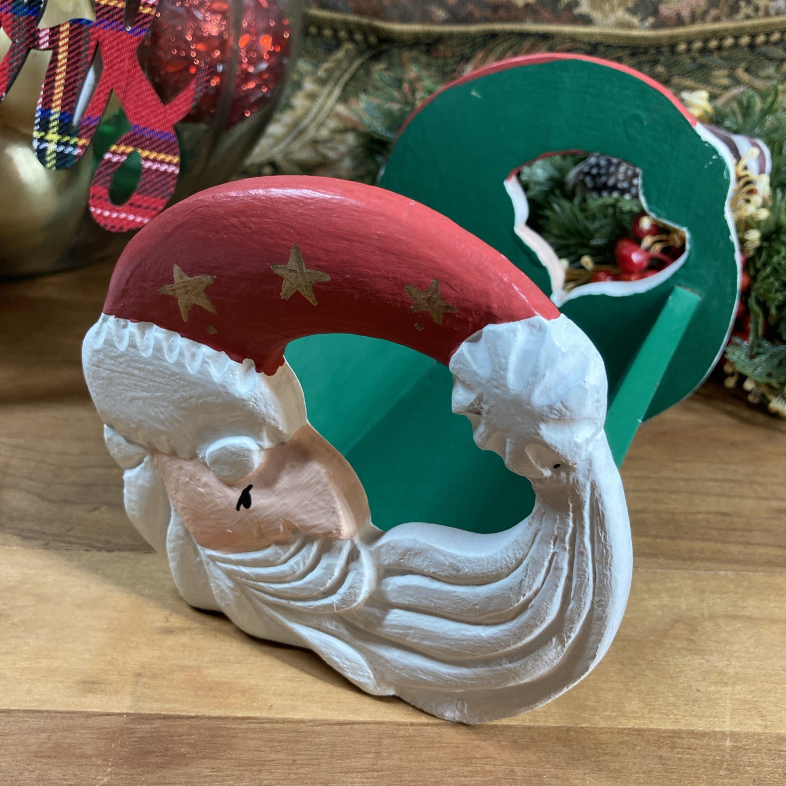 Vtg Santa Hand Painted Wood Christmas Business Card Trinket Plant Etc Holder 6”
