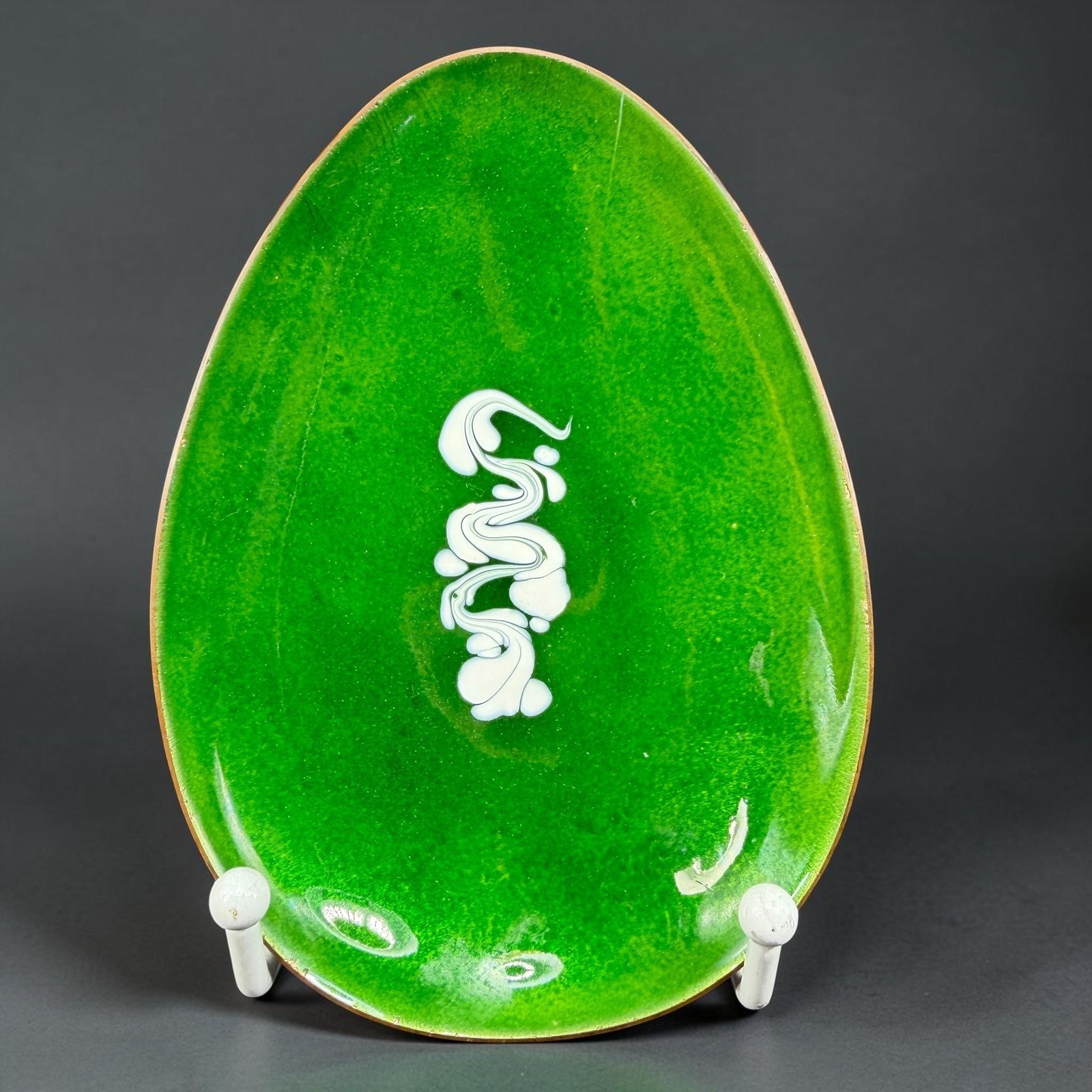 Leon Statham Enamel on Copper Trinket Dish Green Abstract Swirl Egg Shaped VTG