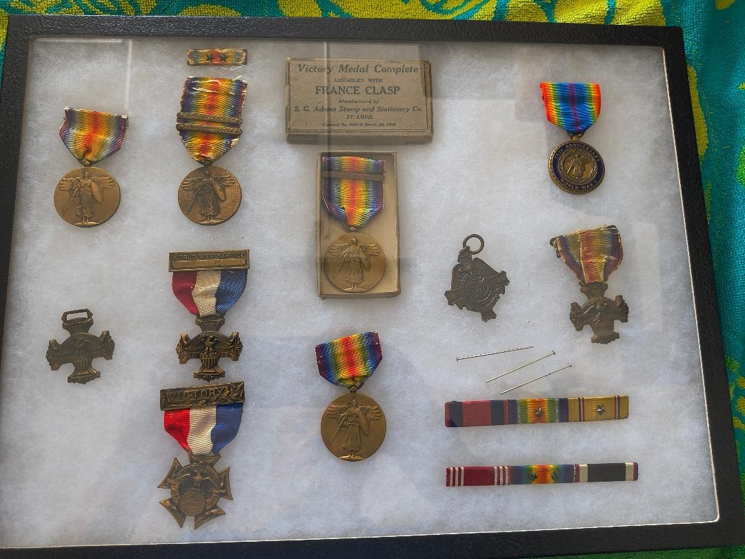 WWI World War 1 Victory Medal Lot Multi Clasp Original S.G. Adams Box Riker Case WWI World War 1 Victory Medal Lot Multi Clasp Original S.G. Adams Box Riker Case