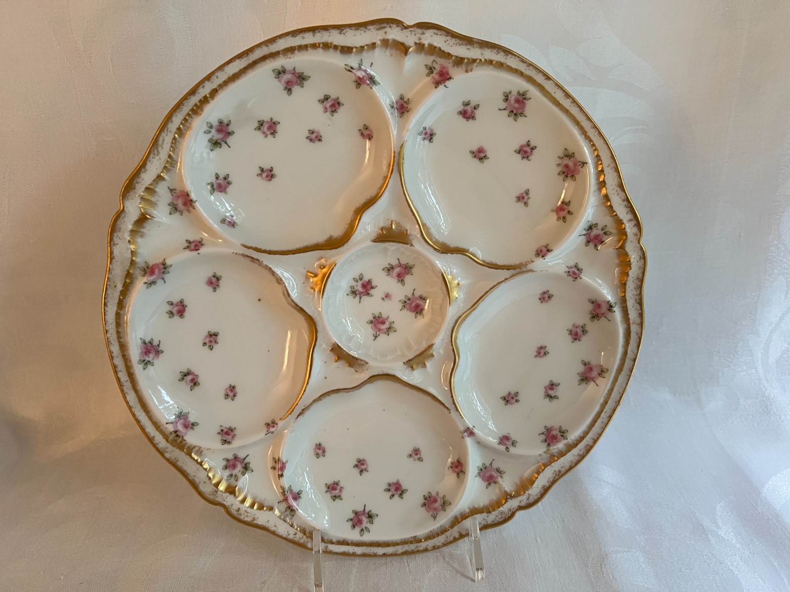 Antique Theodore Haviland Limoges 5-Well Oyster Plate- Pink Floral & Gold Antique Theodore Haviland Limoges 5-Well Oyster Plate- Pink Floral & Gold