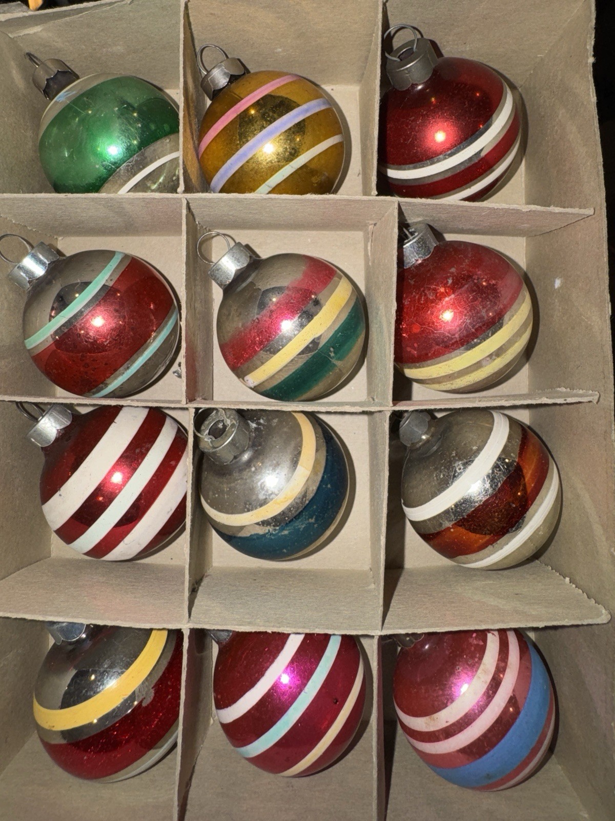 12 Vintage Premier Box Corning Glass Hand Painted Stripes Christmas Ornaments