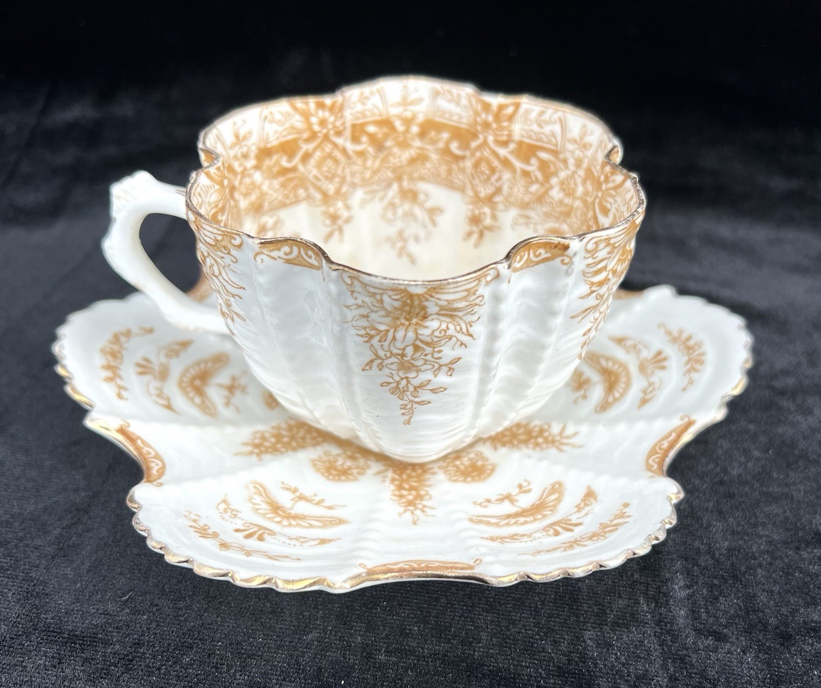 Antique Wileman Scalloped Transferware Teacup & Saucer England Brown Bone China