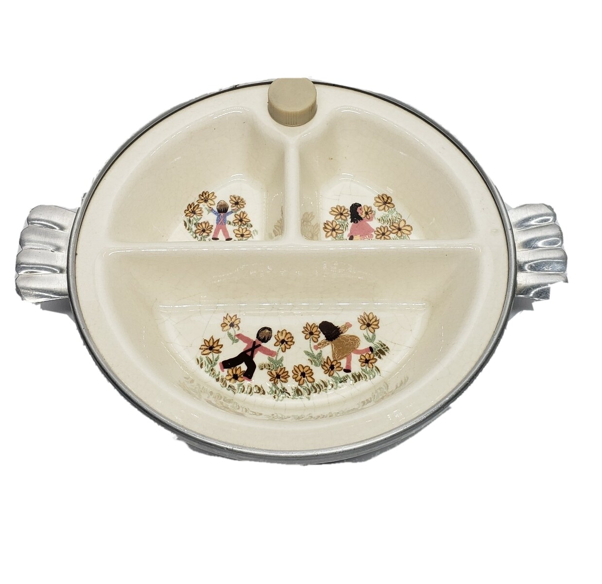 Vintage Divided Warming Baby Feeding Dish Ceramic Excello With Plug 