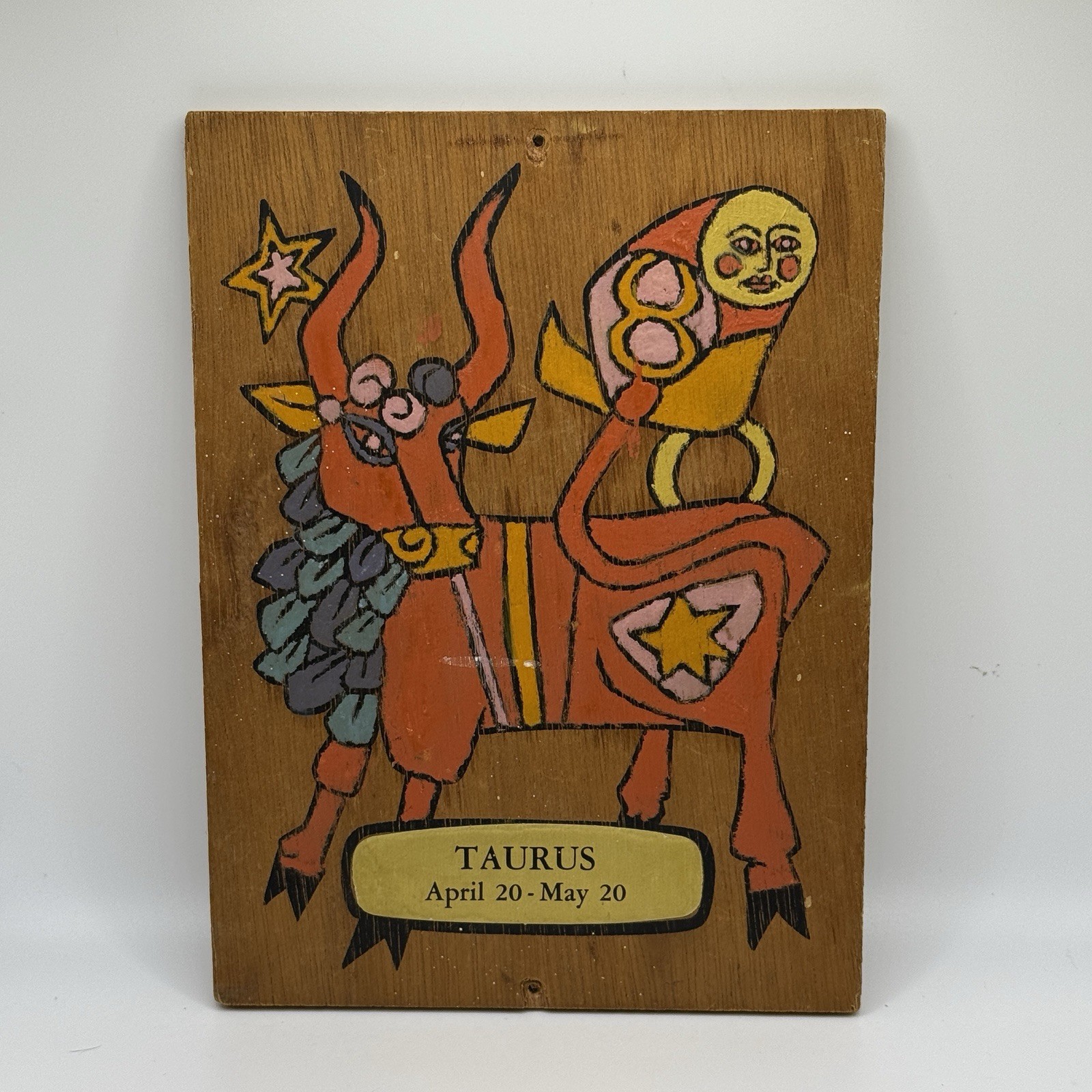 Vintage 1970s Taurus Zodiac Wood Wall Plaque Astrology Psychedelic Folk Art Bull