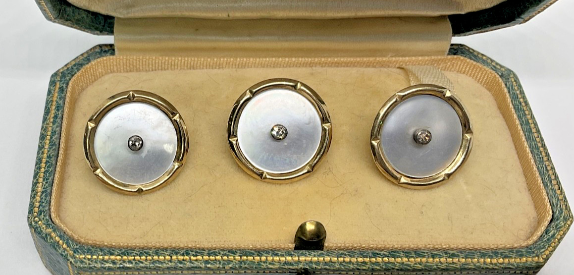 Antique 14K Solid Yellow Gold Lot of 3 Mother of Pearl & Diamond Buttons 4.4 GR Antique 14K Solid Yellow Gold Lot of 3 Mother of Pearl & Diamond Buttons 4.4 GR