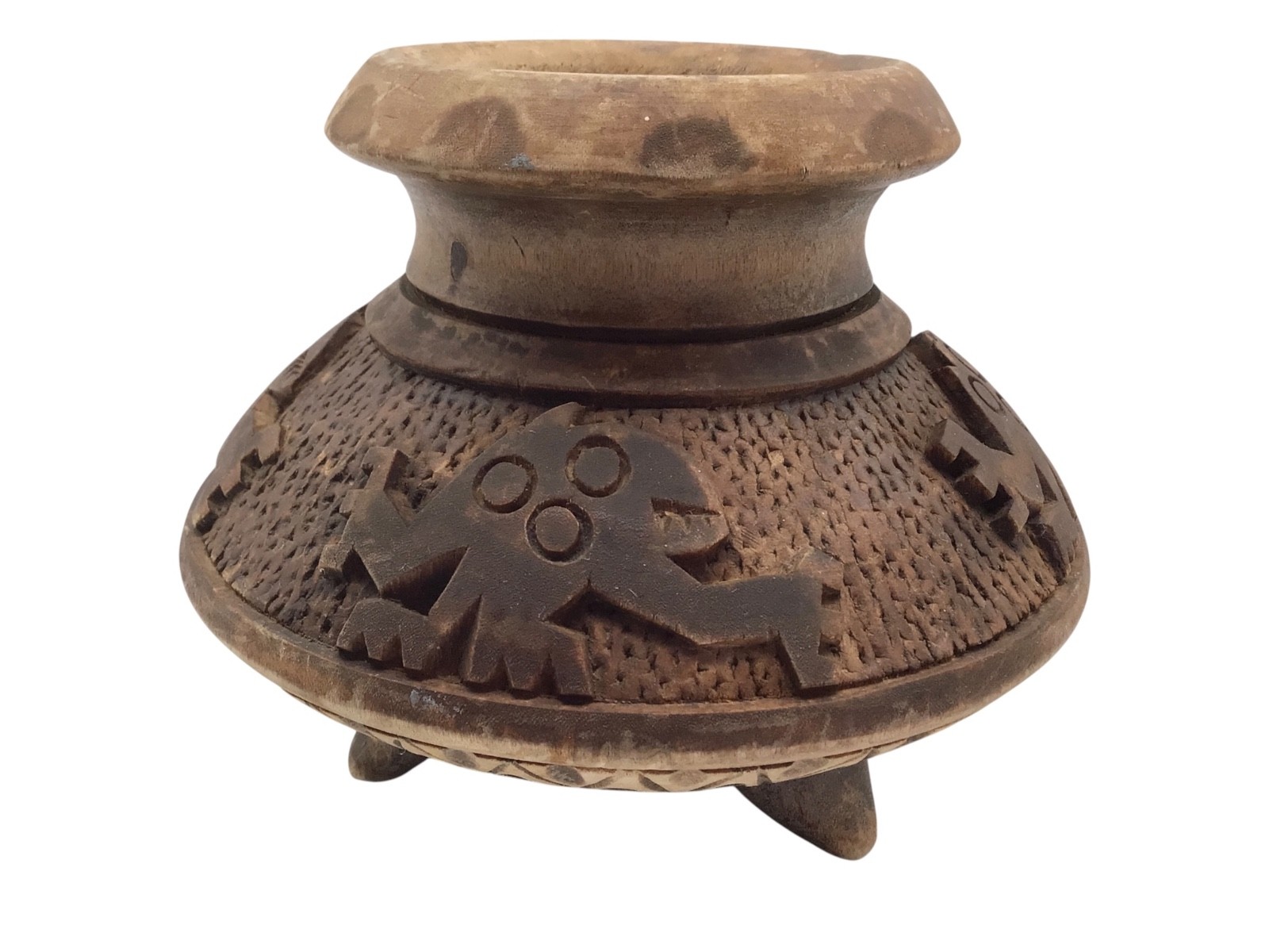 Vintage Peruvian Carved Wood Vessel Pre-Columbian Style Tribal Folk Art