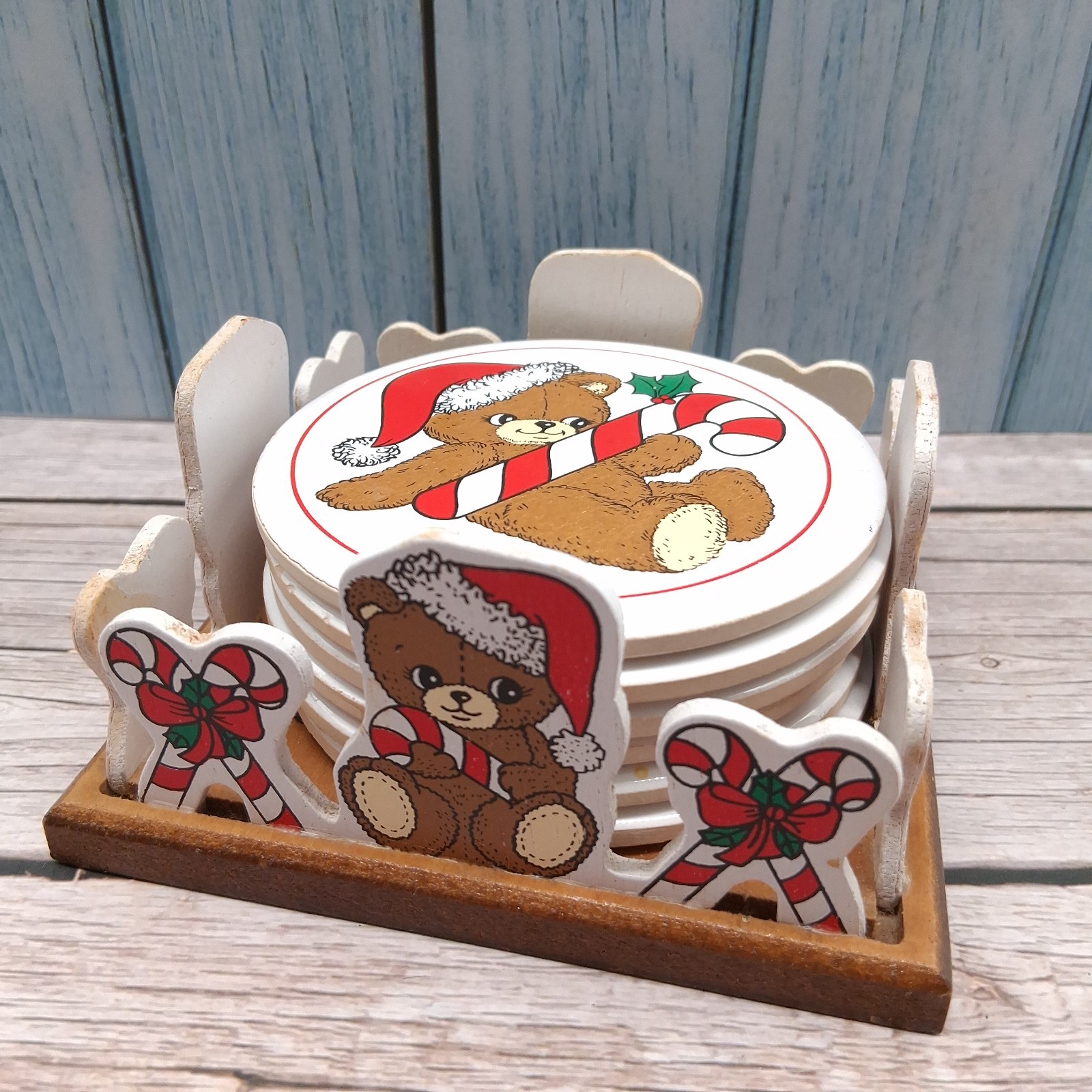Vintage 1988 House of Lloyd Christmas Teddy Bear Coaster Set with Wooden Holder Vintage 1988 House of Lloyd Christmas Teddy Bear Coaster Set with Wooden Holder