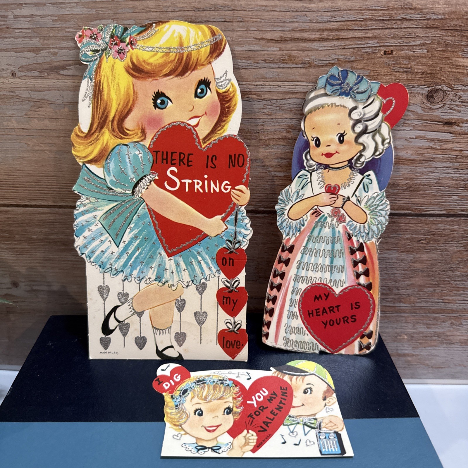 3 Vintage Valentine Cards Made In USA Silver Glitter  Accents Hearts Girls/Boys
