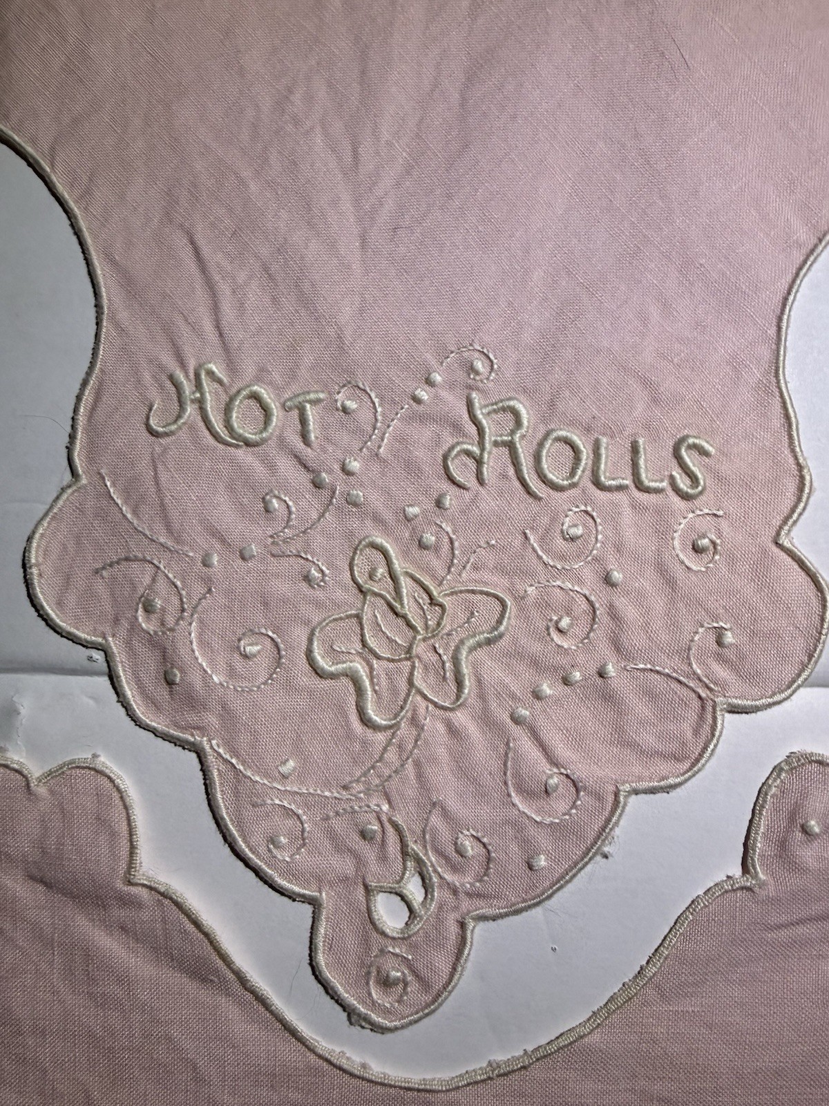 HOT ROLLS Bread Basket Linens Bread Cloth.  Pink w/White Embroidery.  Preowned.